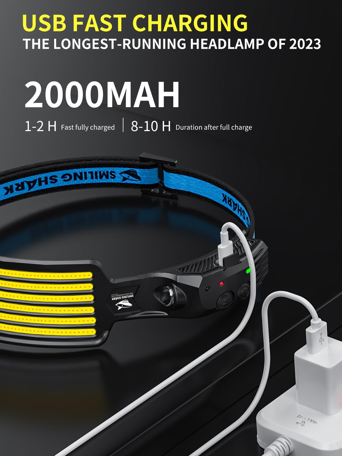 Smiling Shark Rechargeable Headlamp - 230° Wide Angle, Motion Sensor, Waterproof, LED, Model TD-0123, White