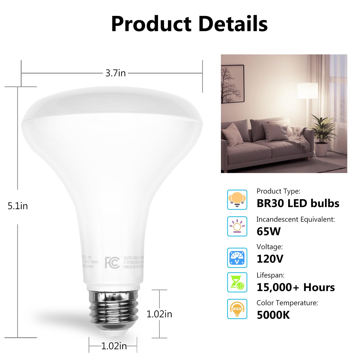 Dalattin 24 Pack Br30 Led Bulbs 65W Equivalent, Dimmable Indoor Flood Lights Bulb, E26 Base, 5000K Daylight White, 9W, 800 Lm, R