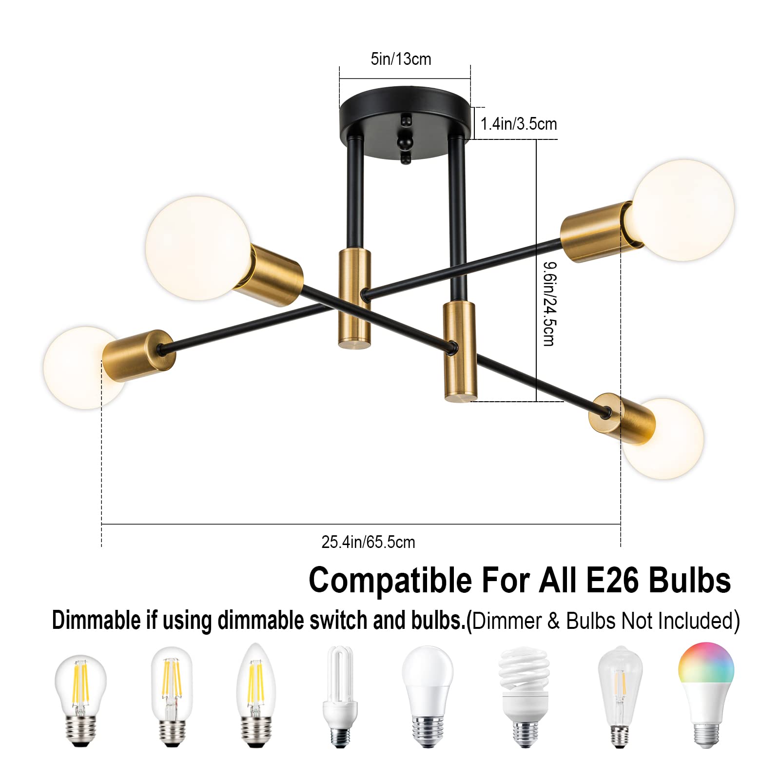Brknit 4-Light Black Gold Sputnik Chandelier, Modern Flush Mount Ceiling Light Fixture