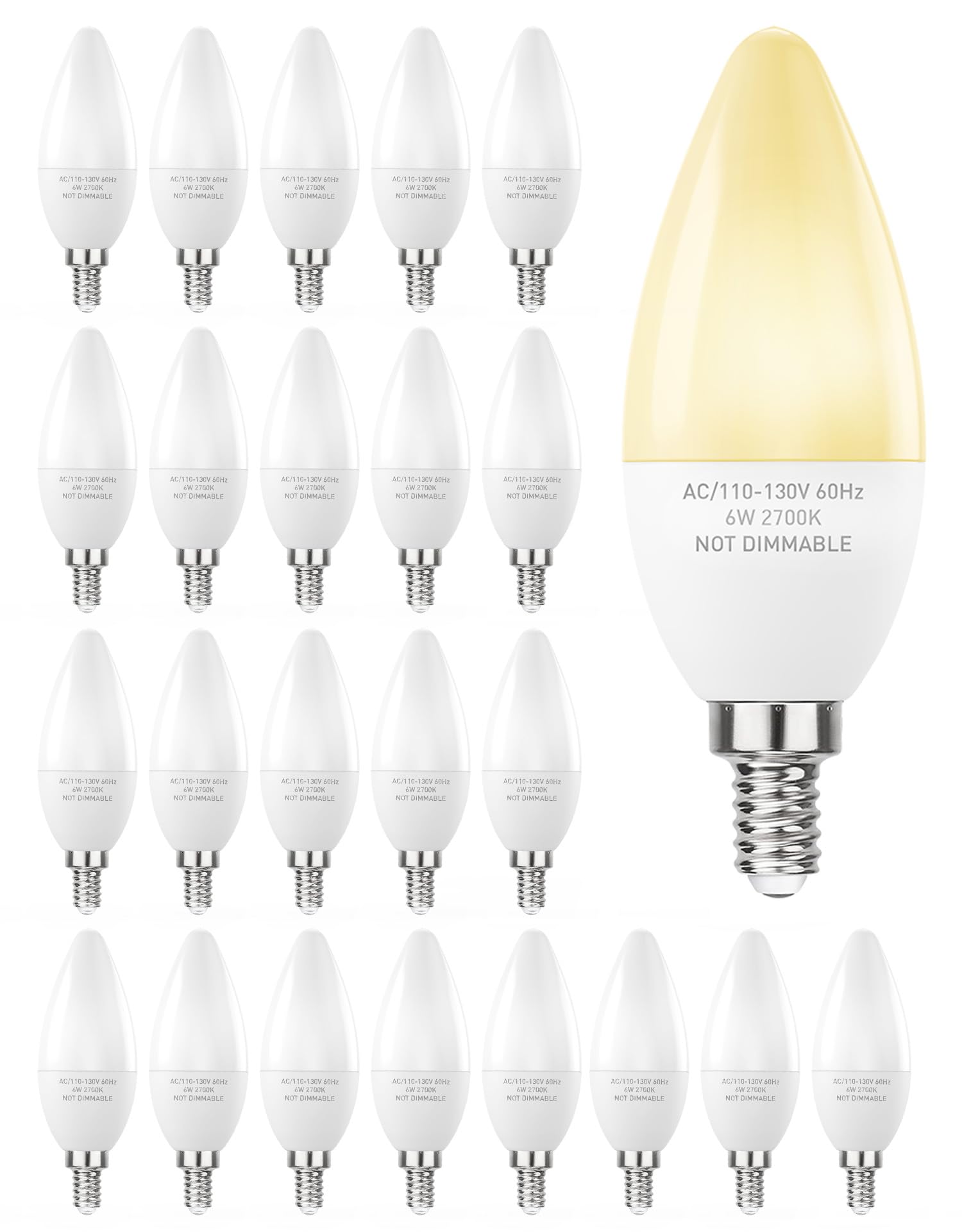 PARTPHONER E12 LED Light Bulbs, 60W Equivalent, 6W Non-Dimmable, 600 Lumen, 2700K Soft White, Pack of 24