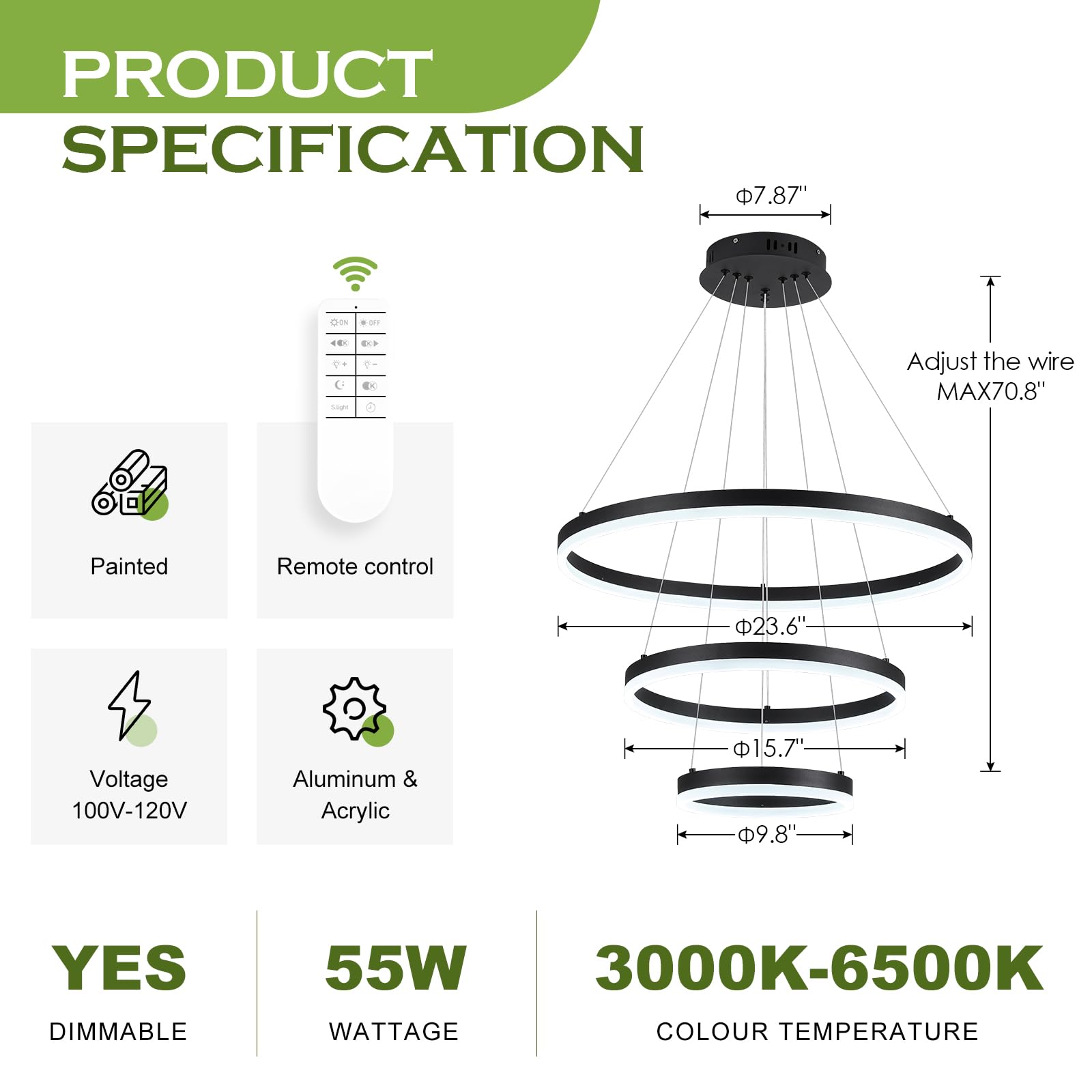 Benkut 3-Rings D23.6 Modern Led Chandelier Black Dimmable Pendant Lighting With Remote Control Circular Flush Mount High Ceiling Light For Dining Room Living Room Bedroom Entrance Foyer, 3000K-6500K