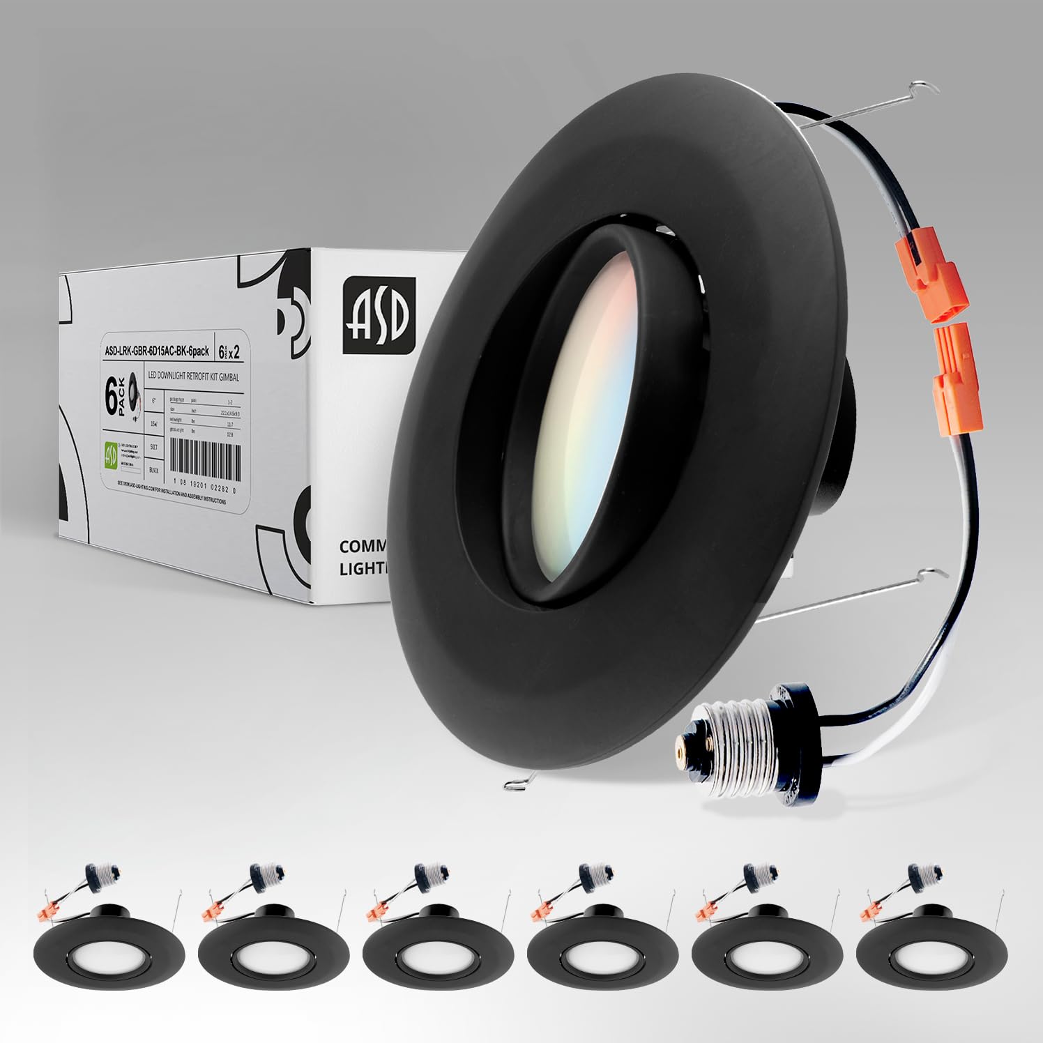ASD 6 Inch Gimbal LED Recessed Light 15W 1310LM Adjustable Dimmable Black Trim 6 Pack Model A-LRKGBR-6D15ACB