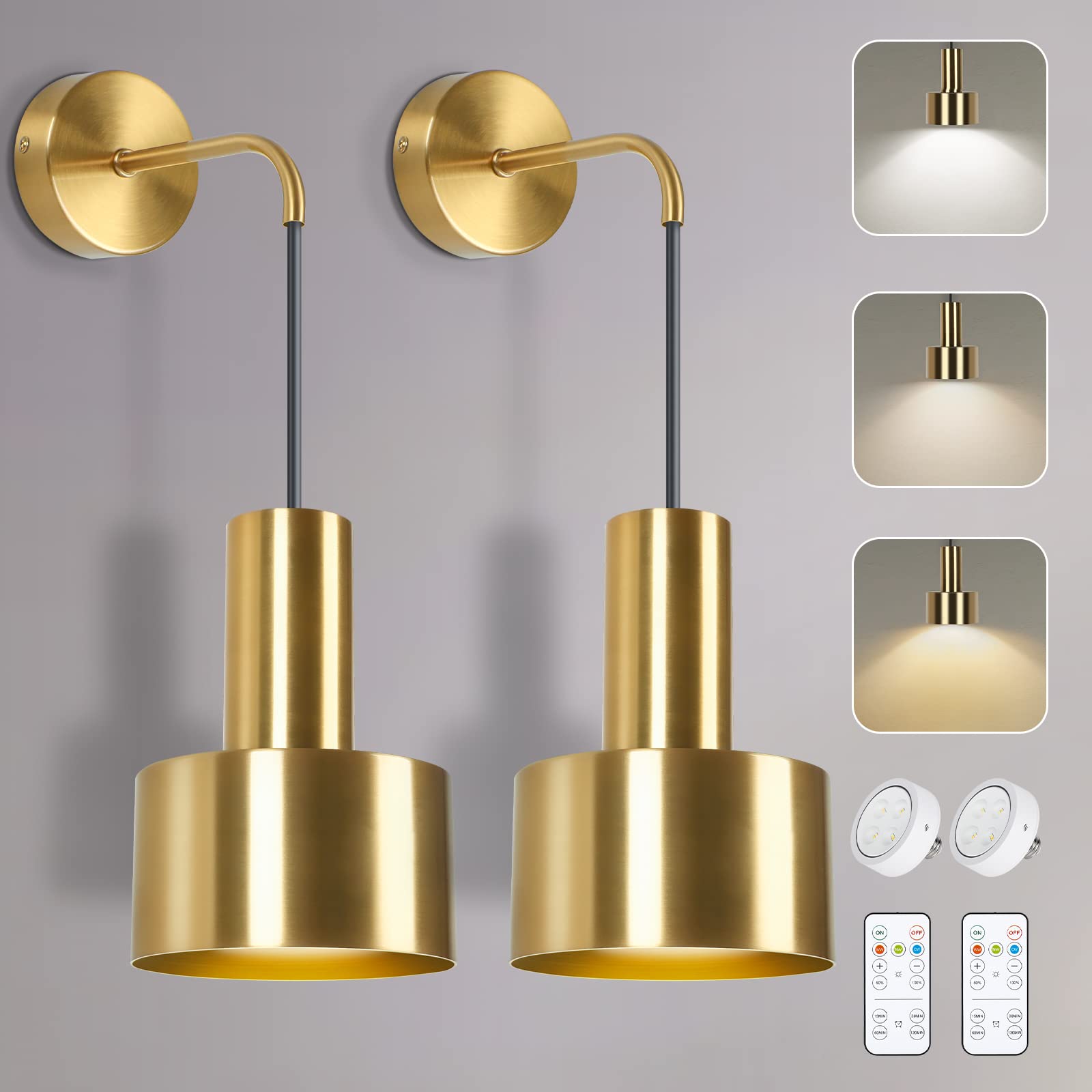VerRon Gold Wall Sconce Set of 2, Dimmable LED Lights with Remote Control, 3000K-6000K Adjustable, Model L2005-1BS
