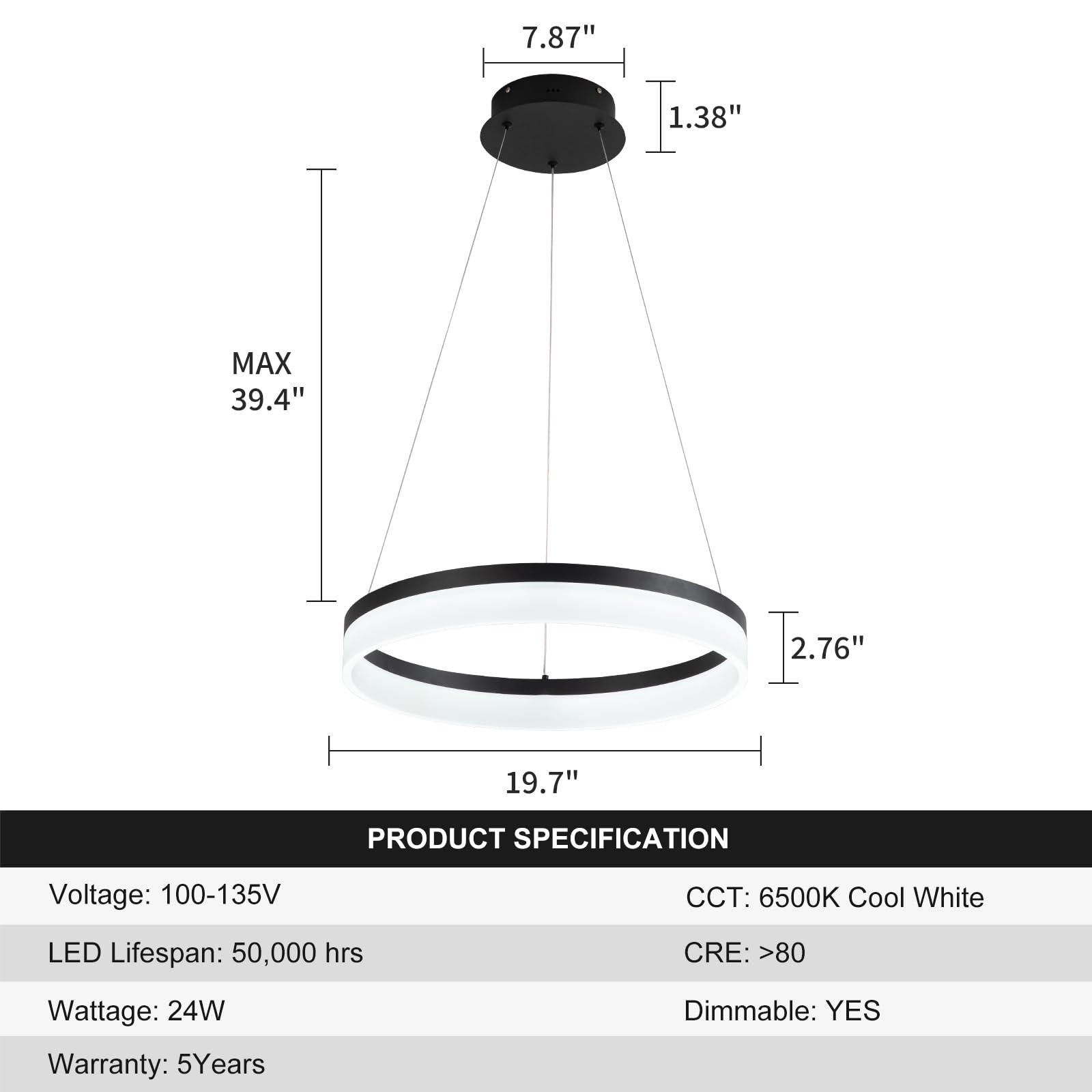 Buccleuch Black LED Chandelier, Dimmable 19.7" Round Pendant Light for Dining Room, Height Adjustable Acrylic Ceiling Fixture