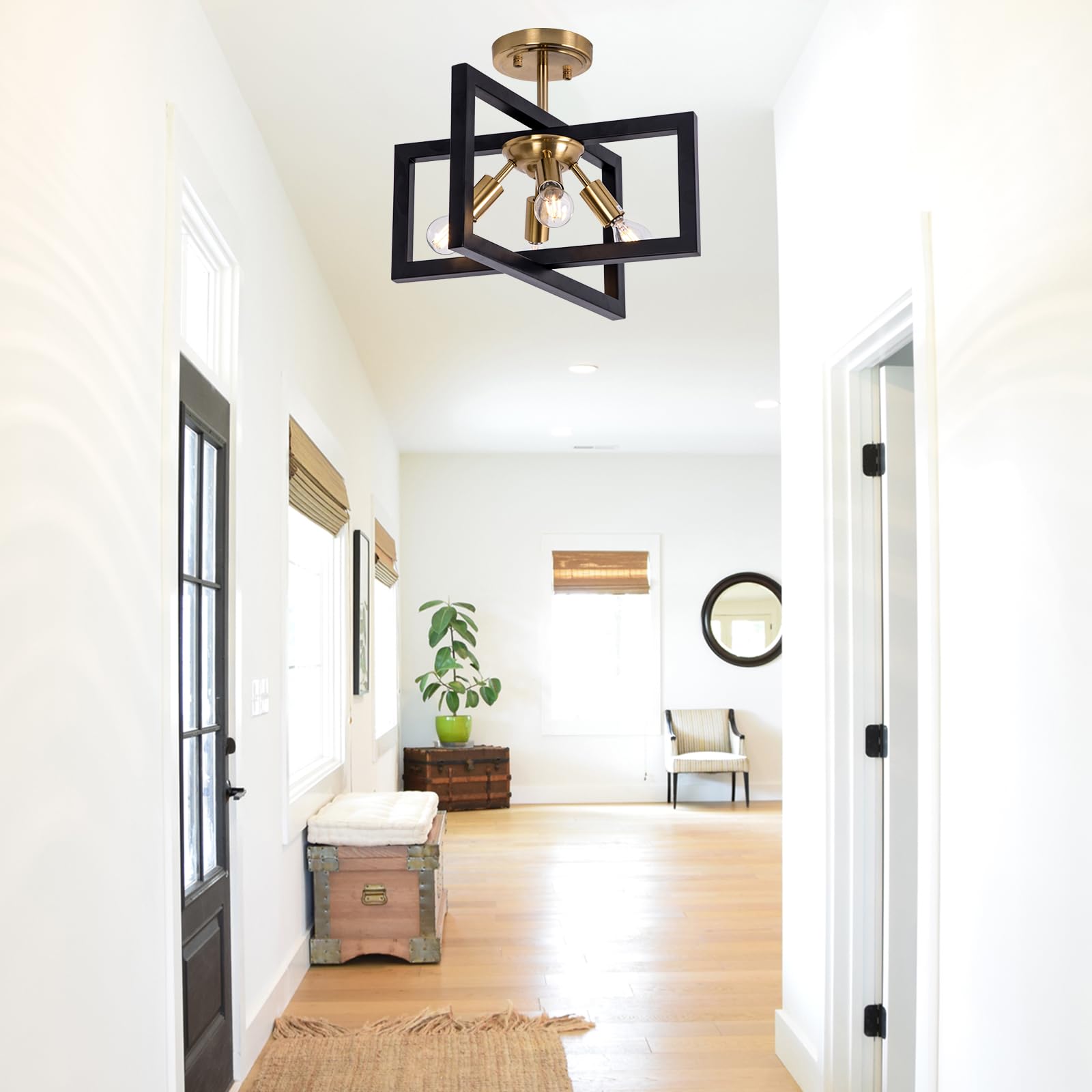 Minyuco Semi-Flush Mount Ceiling Light - Modern Industrial Light Fixture Black And Gold,4-Light Candelabra Lighting Ceiling Lamp For Kitchen Foyer Entryway Hallway Bedroom Closet