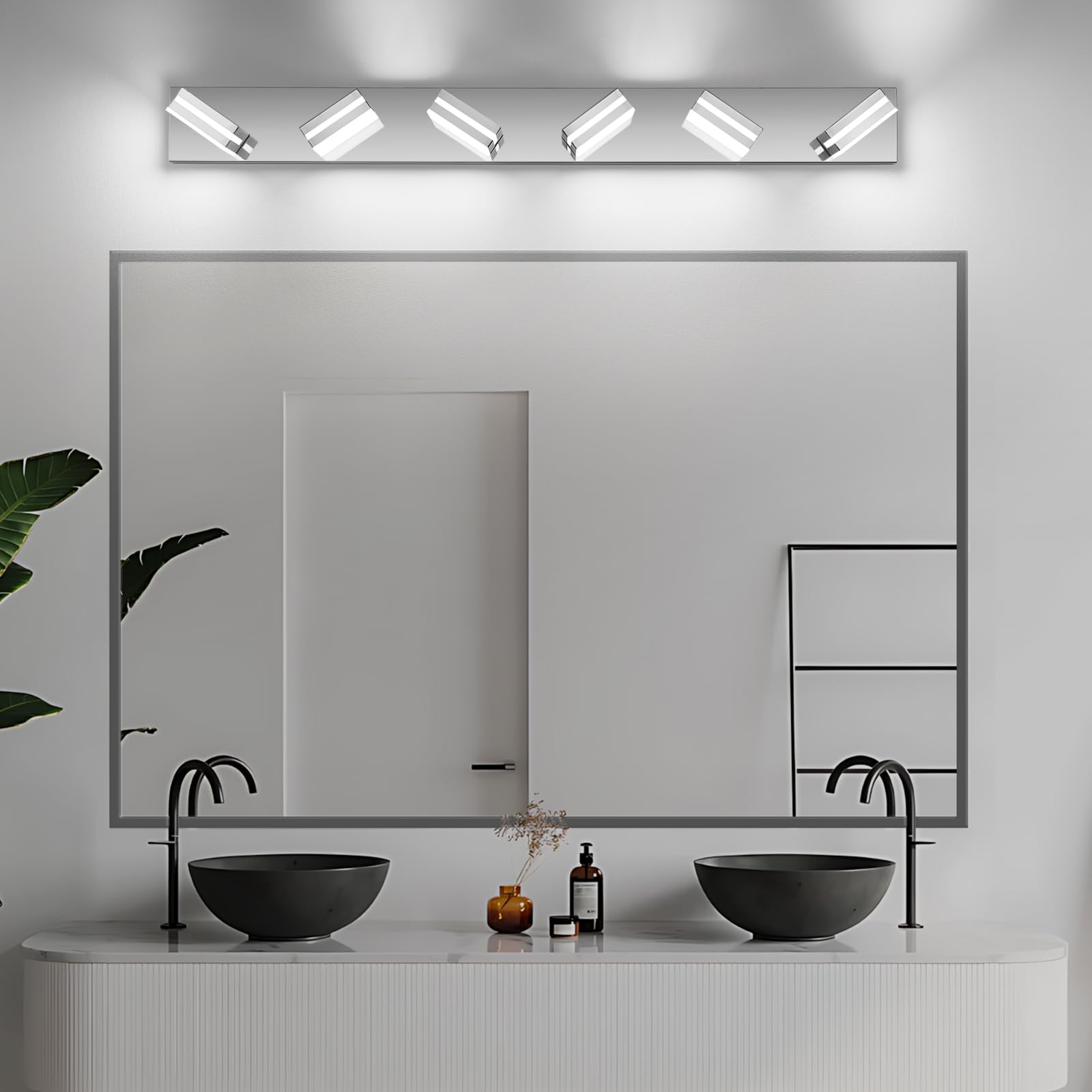 JZEKVN Modern LED Bathroom Light Fixture, 6-Light, 41.73in Chrome Acrylic Vanity Lighting, Model 202541008