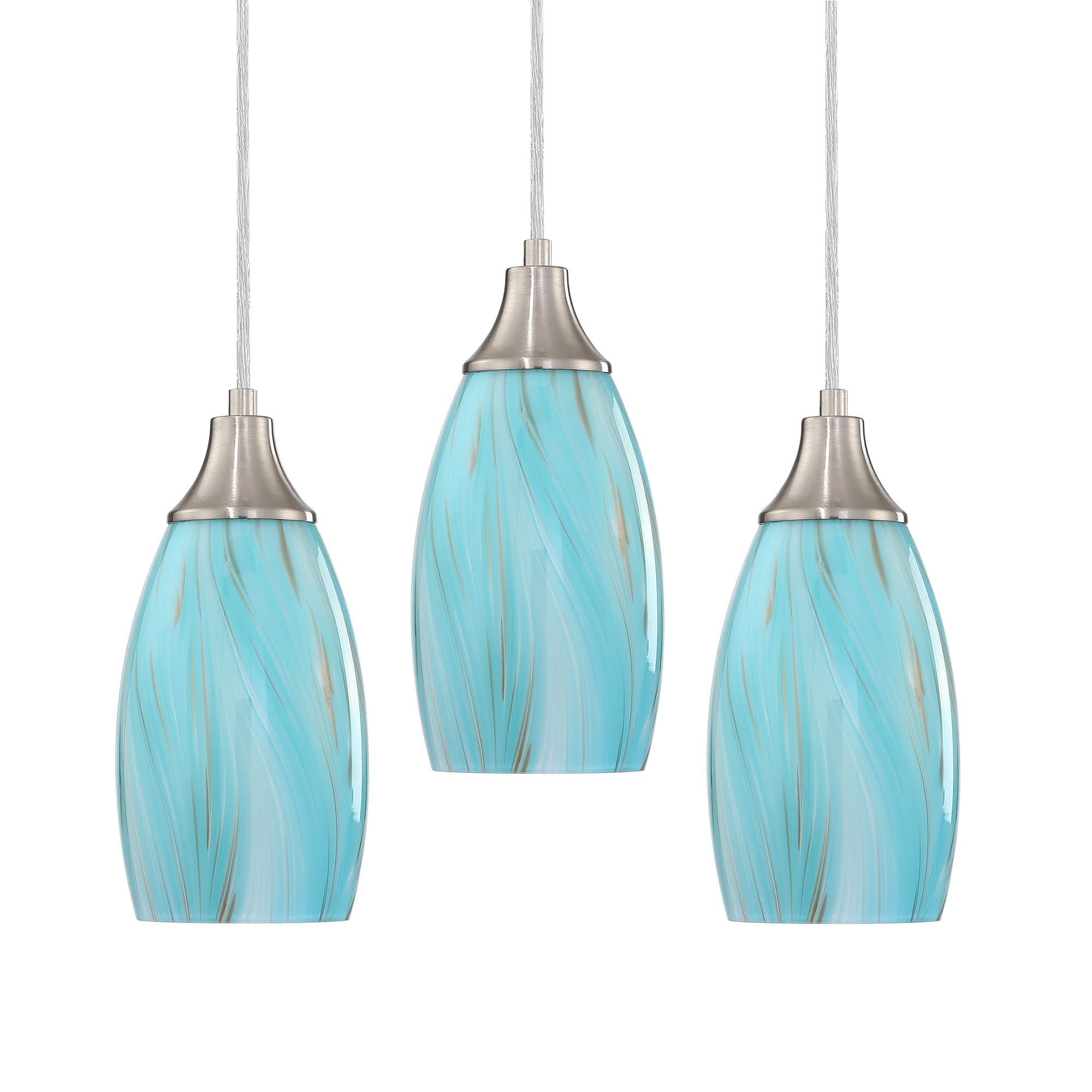 Karyfine Mini Art Glass Pendant Lights Kitchen Island,Handcrafted Teal With Gold Glass Ceiling Pendant Lighting Brushed Nickel Adjustable Cord Hanging Lamp Cover For Coffe Bar,Dining Room 3Pack