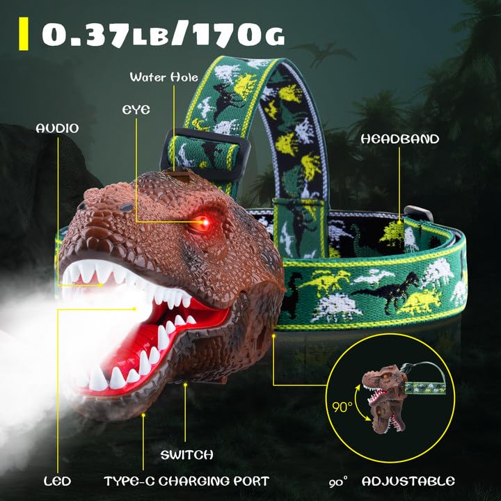Dysaim LED Dinosaur Spray Headlamp - 2 Pack, Dark Brown, Kids Camping Gear, Ideal Gift for Birthdays, Halloween, Christmas