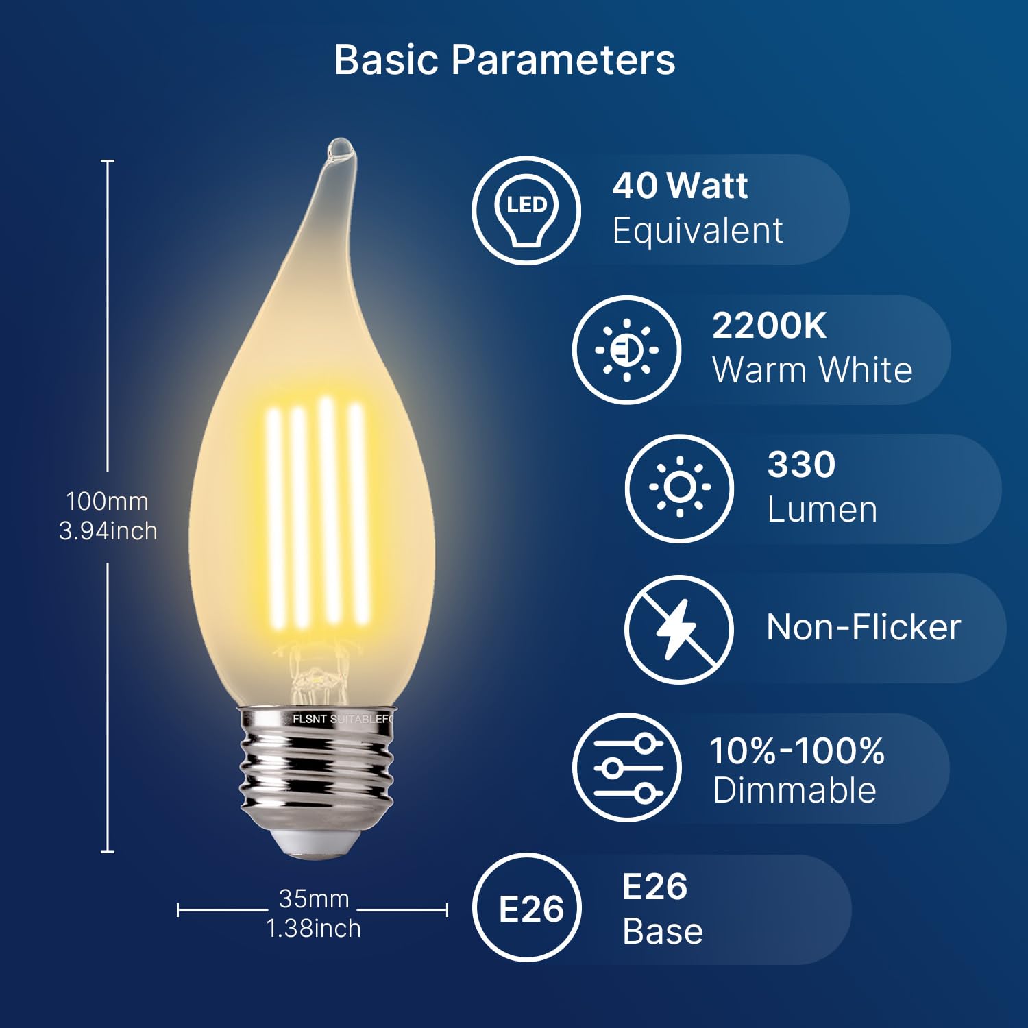 Flsnt Ca11 E26 Led Candelabra Bulbs, Dimmable Led Chandelier Light Bulbs, 40W Equivalent, 2200K Warm White Light, 330Lm, Amber G