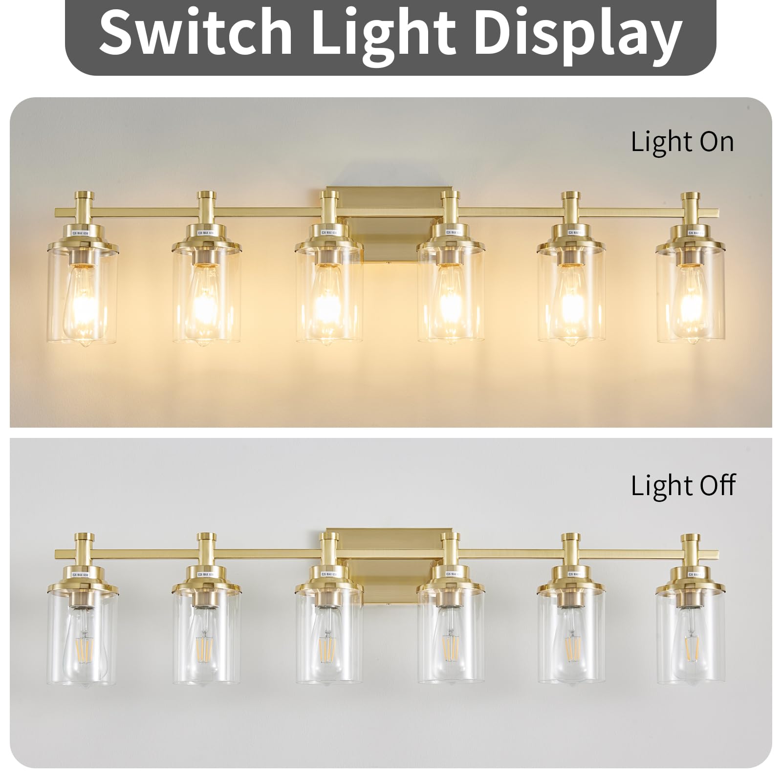 Aixialin Brushed Brass Bathroom Vanity Light, 6 Lights Bathroom Light Fixtures With Glear Glass Shades, Brushed Brass Gold Bathr