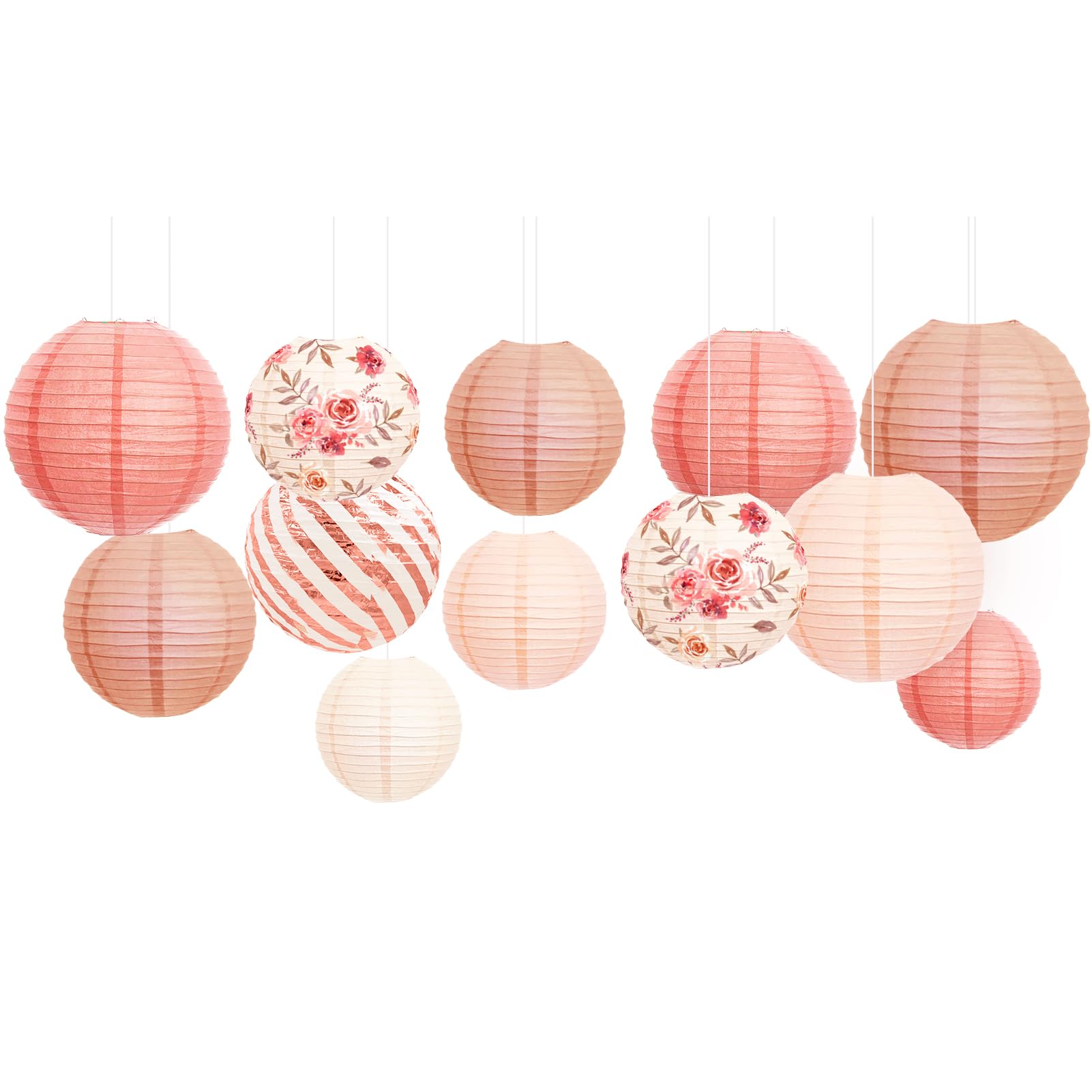 Nicrolandee 12Pcs Rose Gold Paper Lanterns - Vintage Floral Hanging Decorations For Weddings, Baby Showers, Anniversaries, And Birthdays