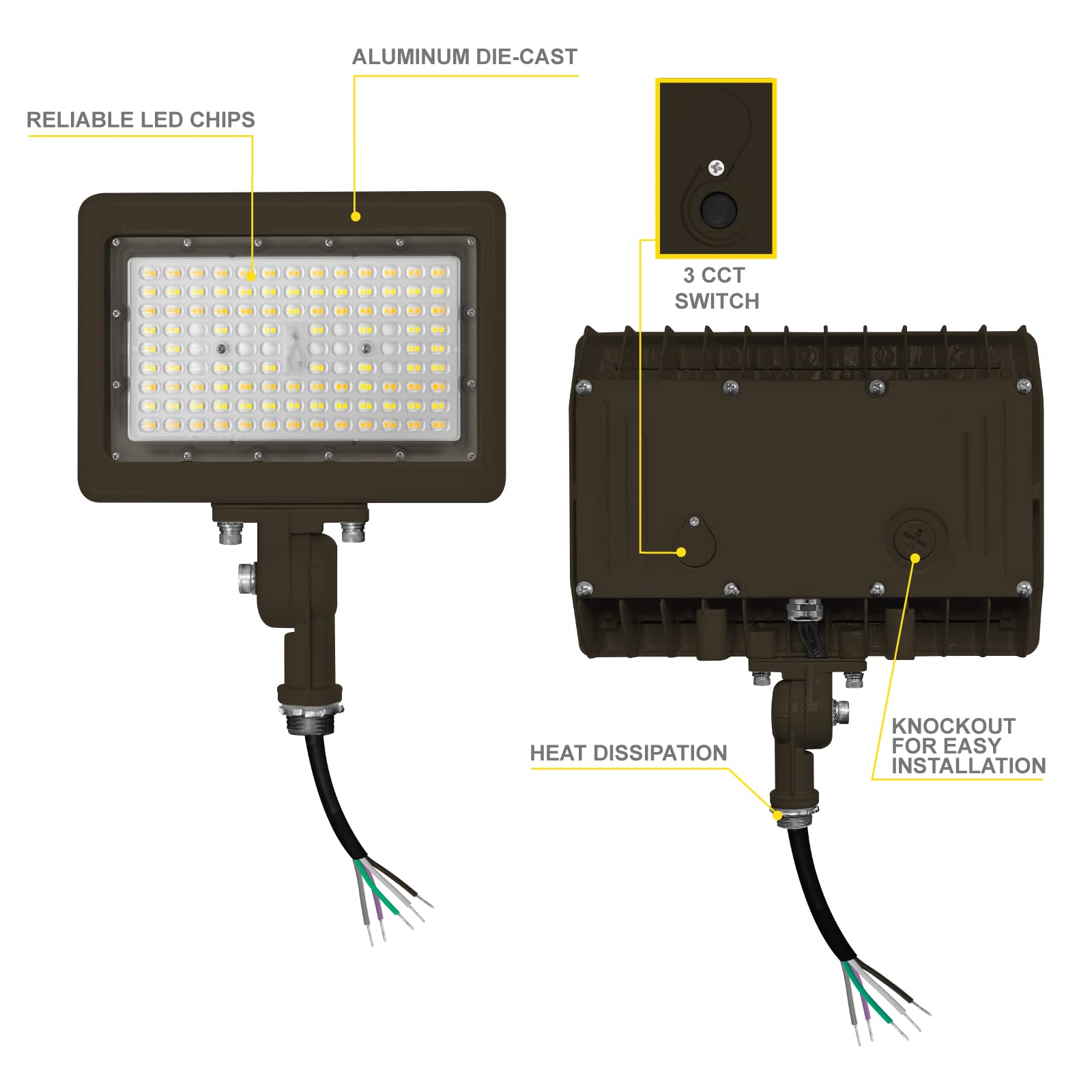 Nuwatt 90W Led Flood Light, 3Cct 3000K/4000K/5000K Selectable, Ip65 Waterproof Lighting, 1/2" Adjustable Knuckle Mount, 12600Lm Dimmable, 120-277V, Outdoor Security Floodlight For Yard, Bronze, Ul