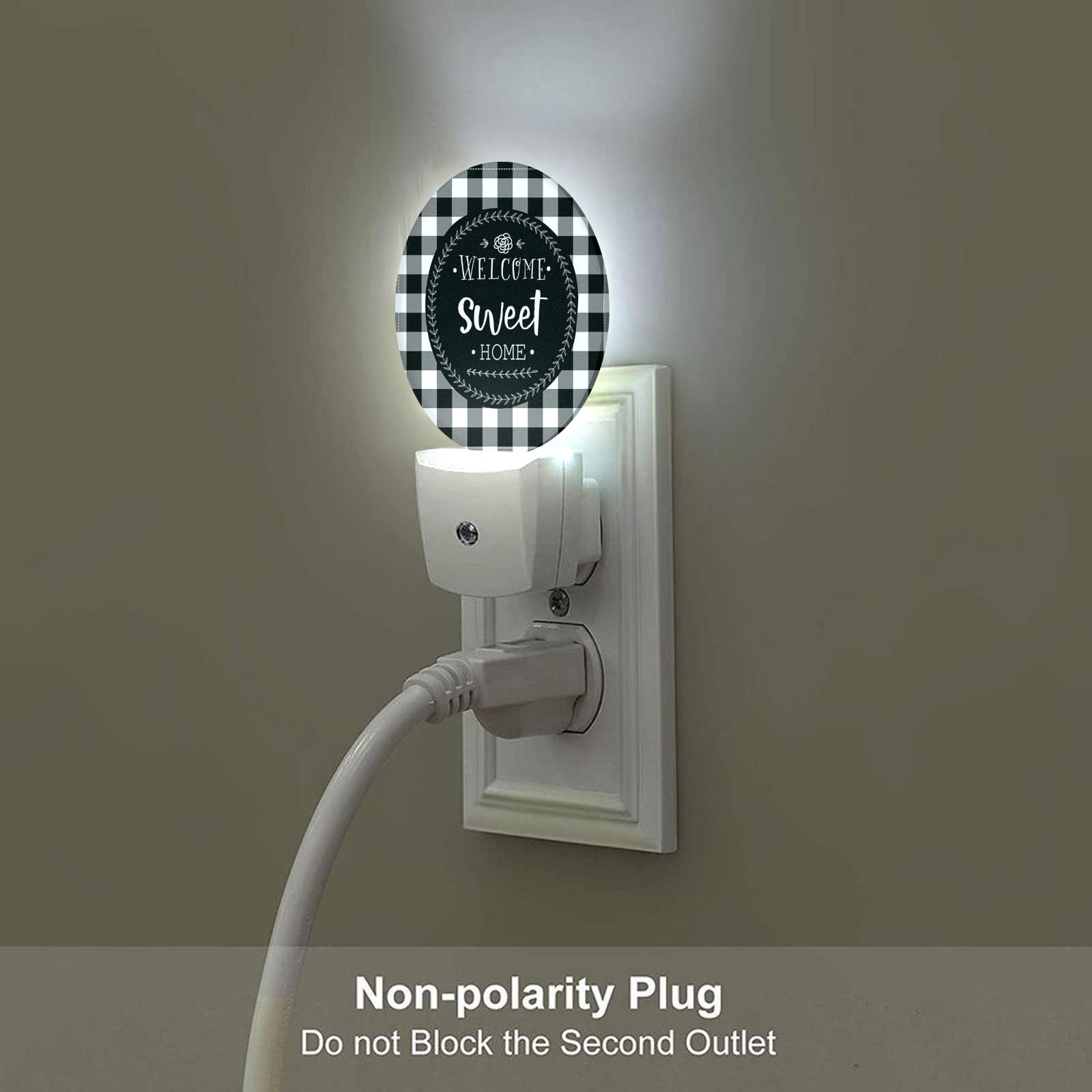 Axayaz Welcome Sweet Home Plug In Night Light Black White Checkered Plaid Buffalo Auto Led Lamp Energy Saving Round Lights For Boys Girls Men Women