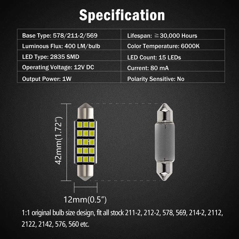 Brishine 4Pcs 578 211-2 Led Bulbs, Super Bright Canbus Error Free 41Mm 42Mm 1.72    Festoon 212-2 569 Led Bulbs For Interior Dom
