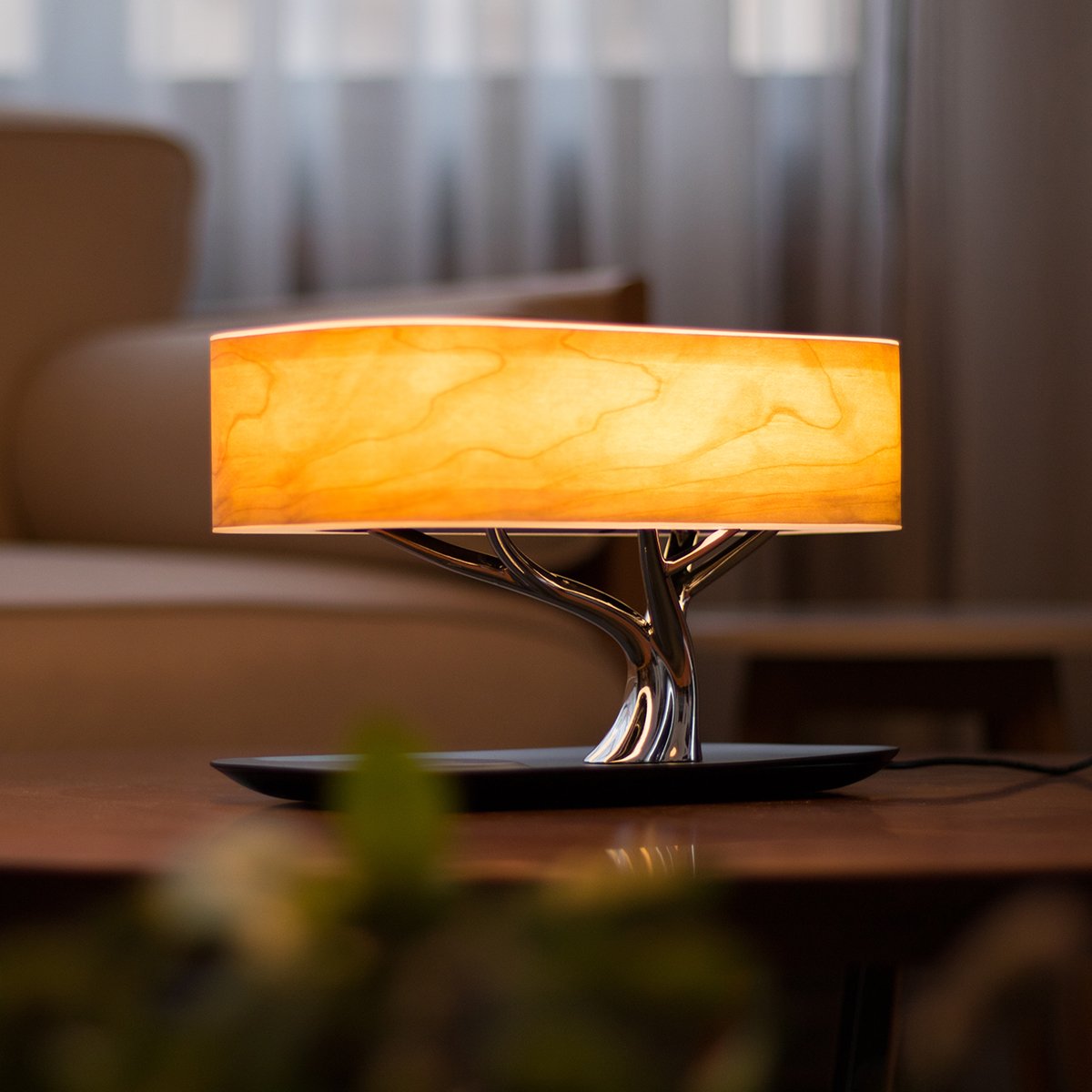 MODIRNATION Bonsai LED Table Lamp with Bluetooth Speaker & Qi Charger, Stepless Dimming, Black, Model MN-TLTOL1019