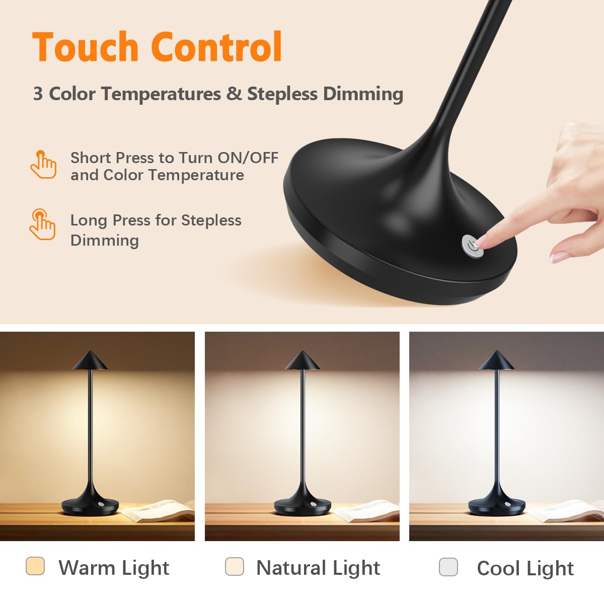 bravzurg Cordless LED Table Lamp, 6000mAh Rechargeable, Dimmable, Alum ...