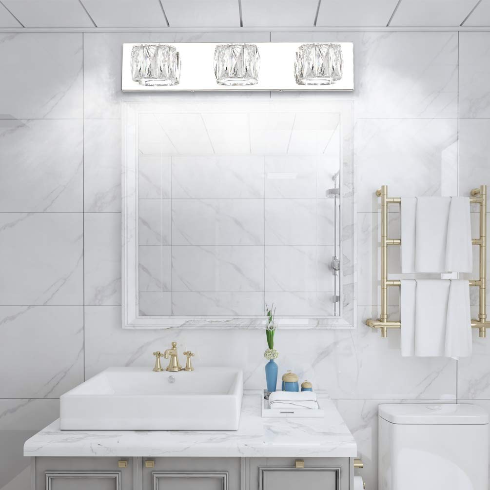 Aipsun 3-Light Crystal Vanity Lights for Bathroom, Modern LED Fixtures, Mirror Stainless Steel Frame, White Lights, Model Ca-8271-3T