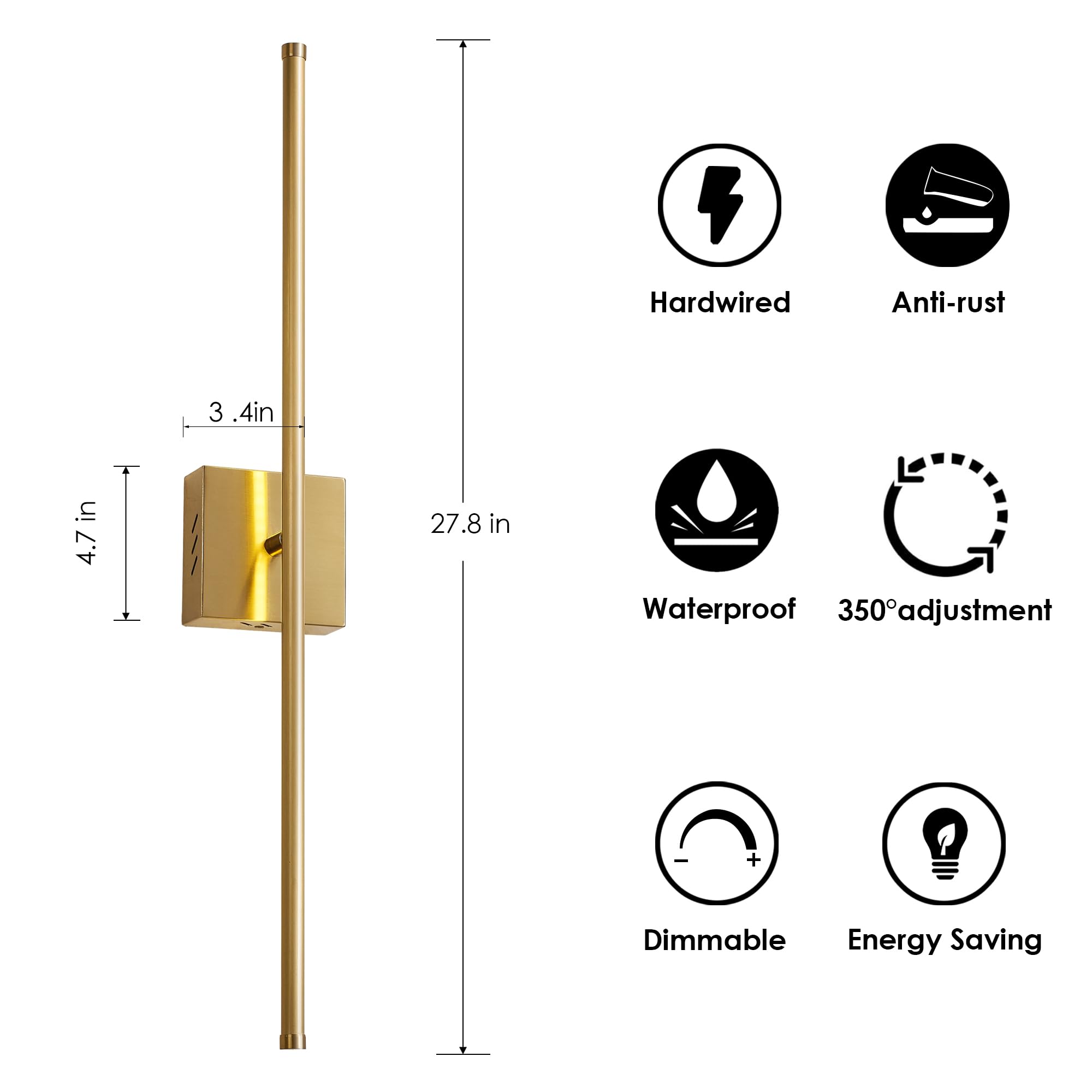 KARTOOSH Modern Dimmable Wall Sconces Set of 2, 27.8" Brushed Brass, 350° Rotate LED Light Fixtures for Bathroom & Living Room