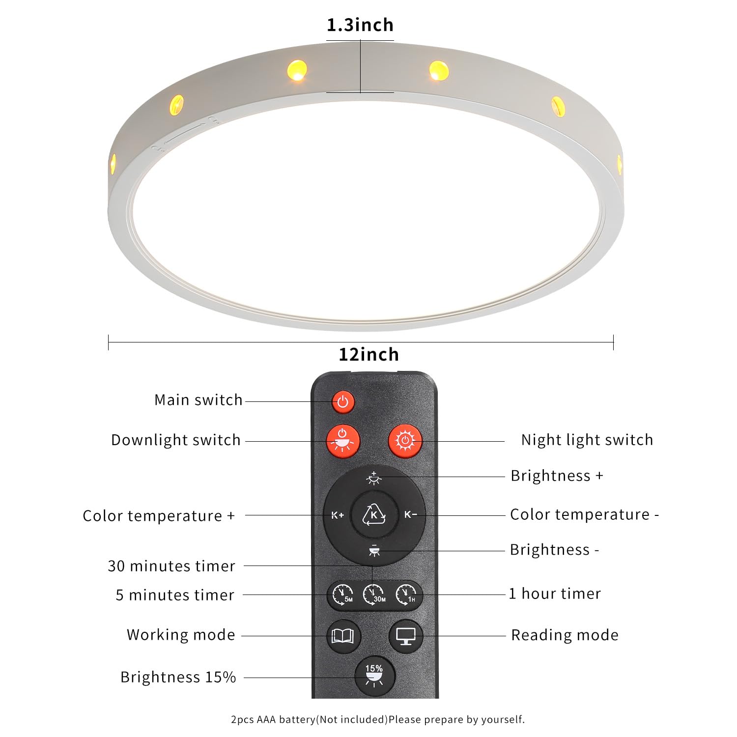 Anmaice 12in Flush Mount LED Ceiling Light, Dimmable with Remote Control, Round, White, Model CPX008A-YK