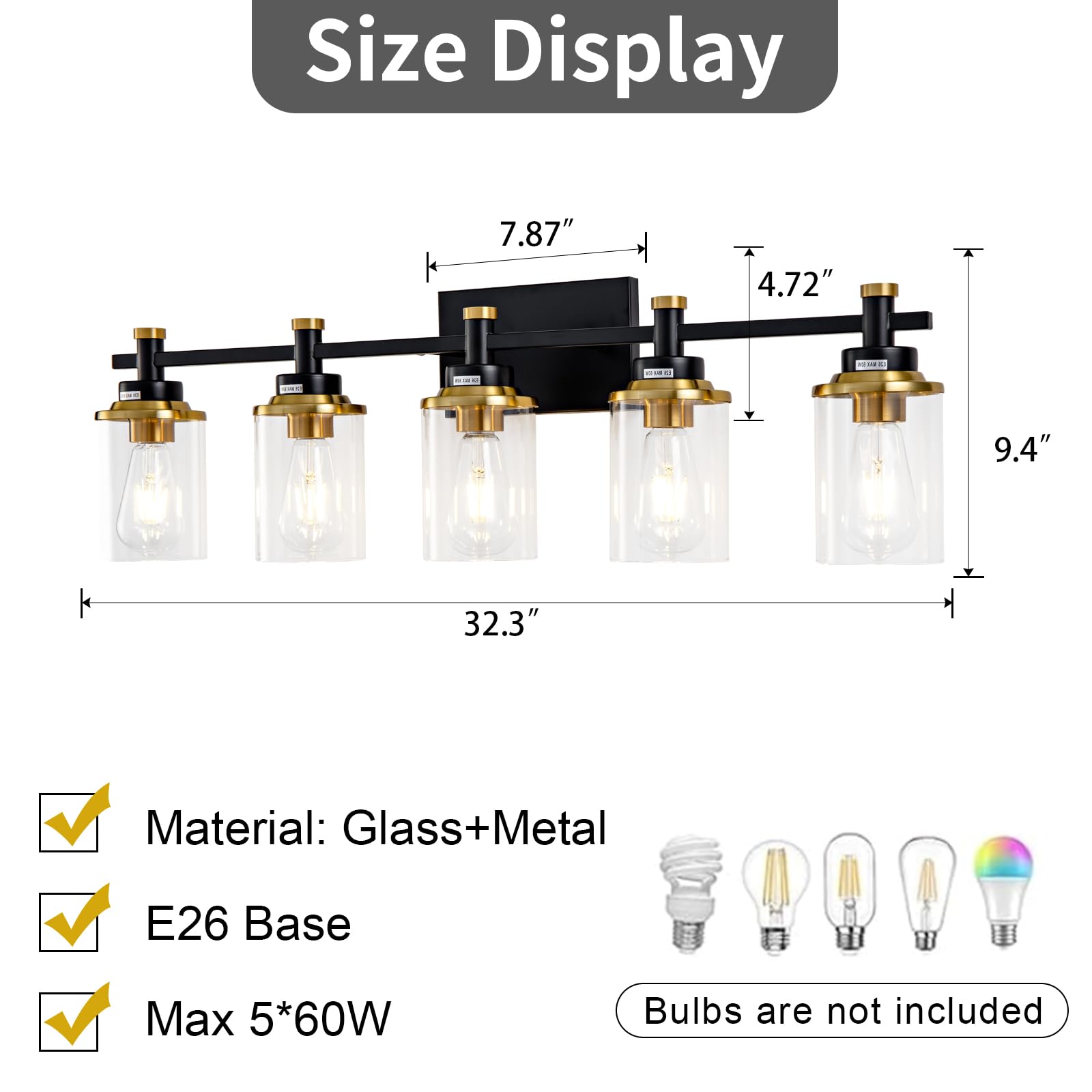 Aixialin 5-Lights Bathroom Light Fixtures, Gold And Black Bathroom Vanity Light Over Mirror, Brushed Gold Bathroom Light Fixture