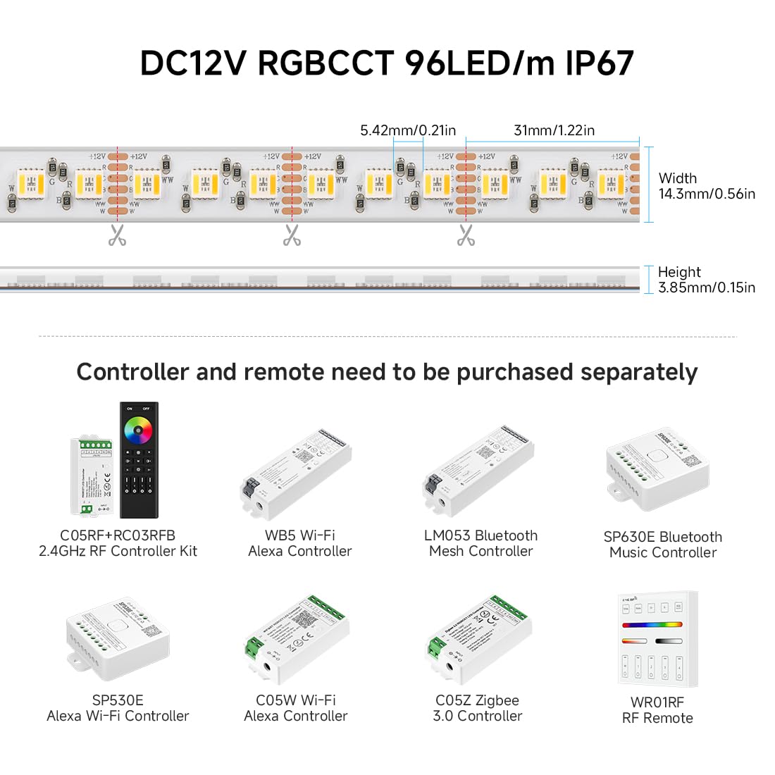 BTF-LIGHTING RGBCCT LED Tape Lights 5050SMD 16.4ft IP67 Dimmable 2700K-6500K White PCB DC12V for Home