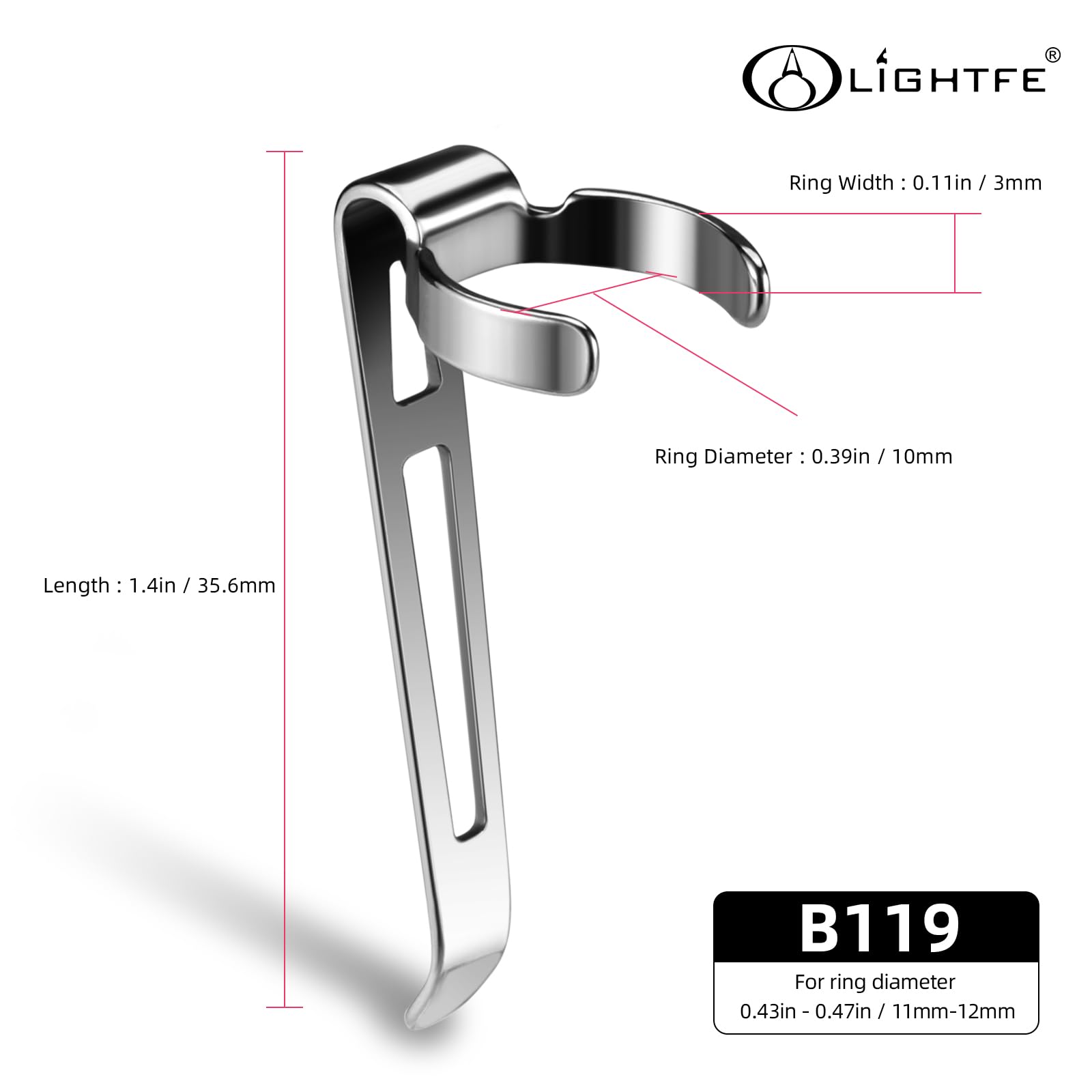 LIGHTFE Flashlight Clip B119 - Stainless Steel, 11-12mm Diameter, 35.6mm Size, Ideal for Hat, Pocket, or Bag Use