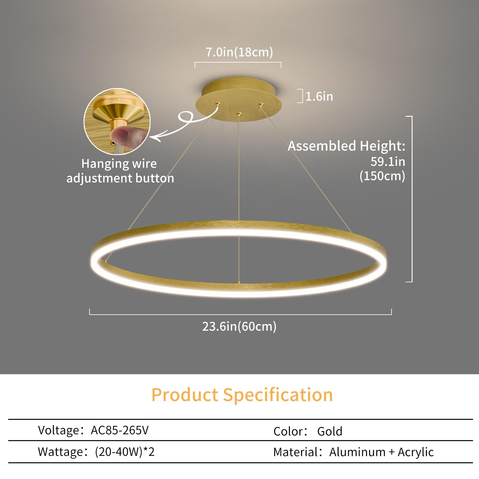 Mikeru Modern LED Chandelier Light with Remote Control, Adjustable 3000K-6500K, 23.6IN, F-Gold, Aluminum Material