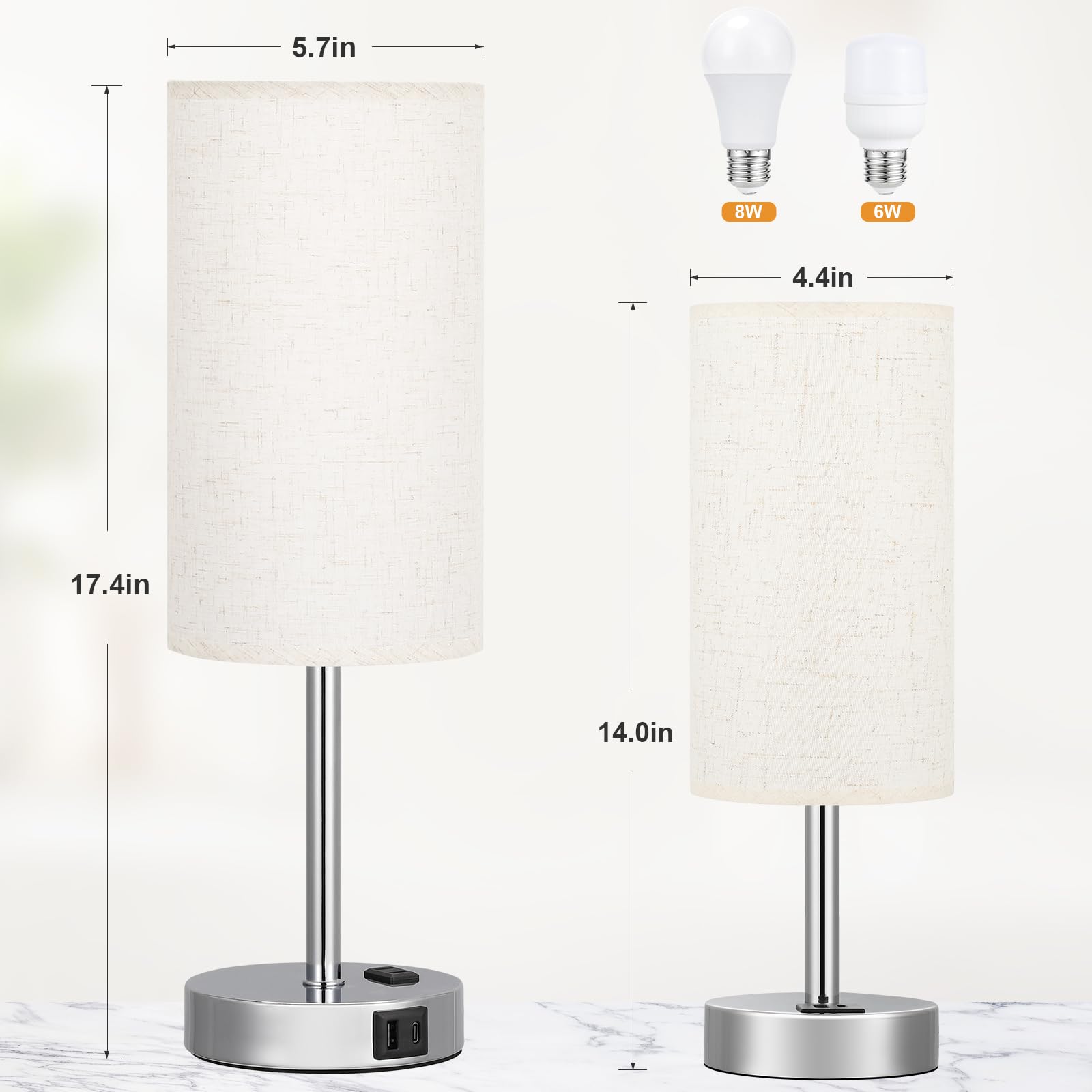 17.4Inch Bedside Touch Table Lamps For Bedroom Nightstand With Usb-C Usb-A Charging Ports White - 3 Way Dimmable Control Small L