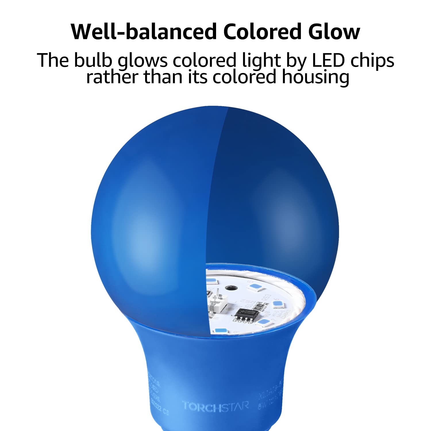TORCHSTAR LED A19 Blue Light Bulbs, E26 Base, 8W, UL Listed, Pack of 6, Plastic Clad Aluminum