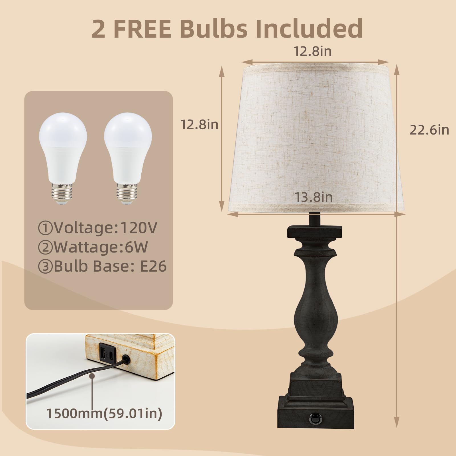 Bupplee Upgraded Touch Lamps For Bedroom Set Of 2,Bed-Side Table Lamps With 2 Usb Ports, Bedroom Lamps With 3- Way Dimmable,23''