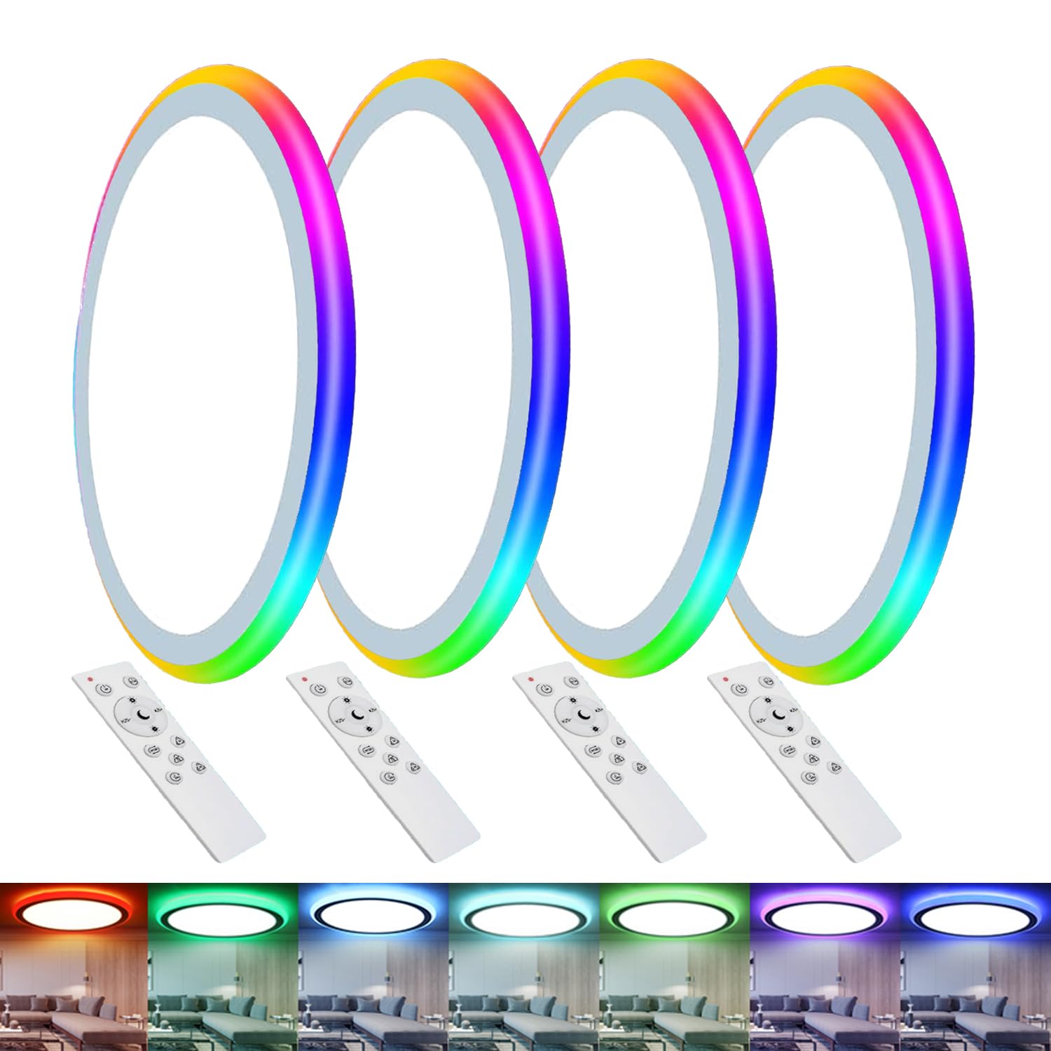 4Pack 13Inch Magic RGB Flush Mount Led Ceiling Light 34W 3400LM Dimmable with Remote Control 3000-6500K+RGB Color Changing Ceiling Light.Surface Round Ceiling Lights for Bedroom Living Room (White)