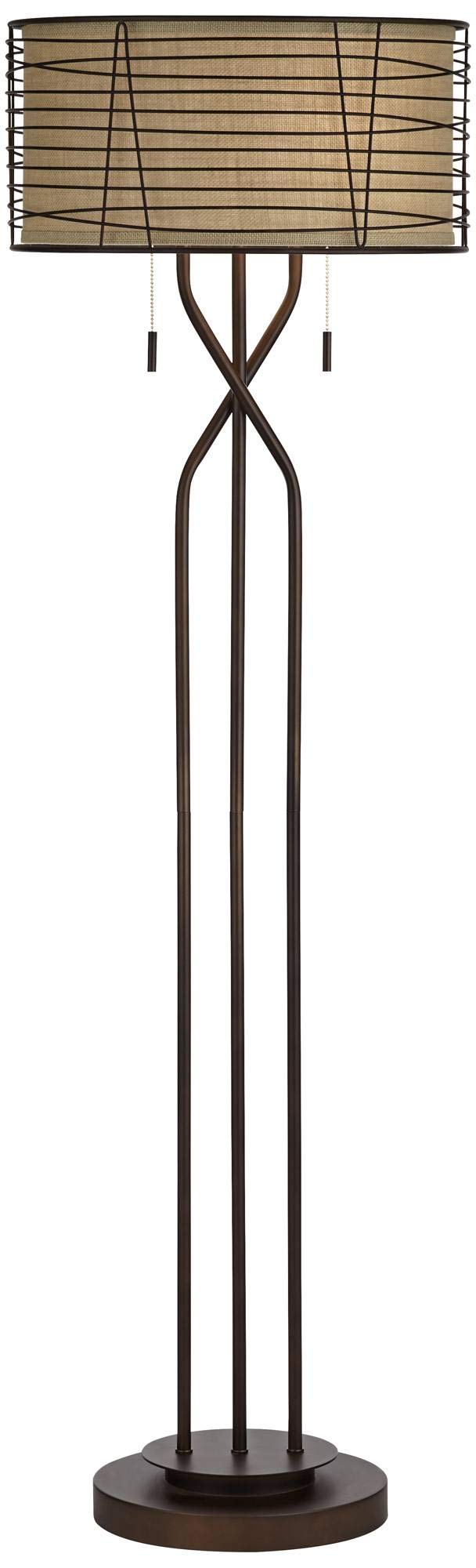 Franklin Iron Works Marlowe Floor Lamp, 60.5in Tall, Bronze Metal with Burlap Fabric Shade, Industrial Rustic Design for Living Room/Bedroom