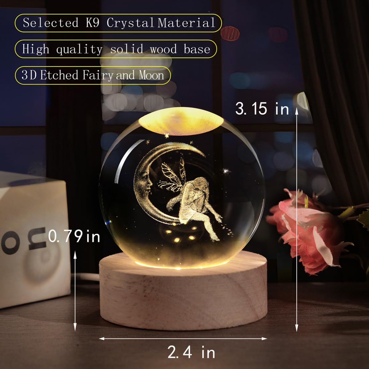 Qianchang 3D Fairy Moon Crystal Ball Night Light,Fairies Figurines Lamp,Fairy Decor Moon Girl Crystal Ball,Glass Sphere Paperwei
