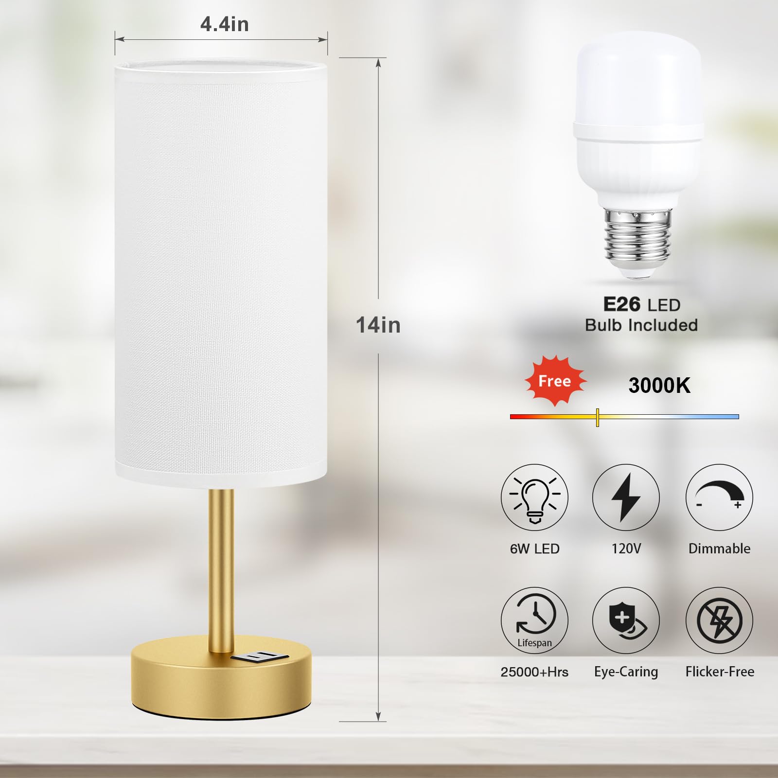 Dicoool Small Touch Bedside Lamp - 3 Way Dimmable, 14in Touch Control, White & Gold, Model 19-5