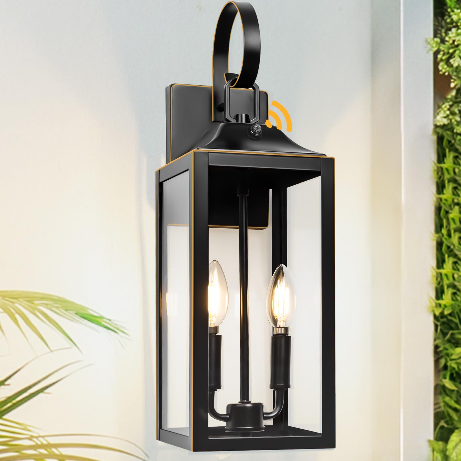 Large Dusk to Dawn Outdoor Lighting - 19'' Black Outside Wall Mount Light Fixture with Gold Trim, Exterior Farmhouse Wall Sconce