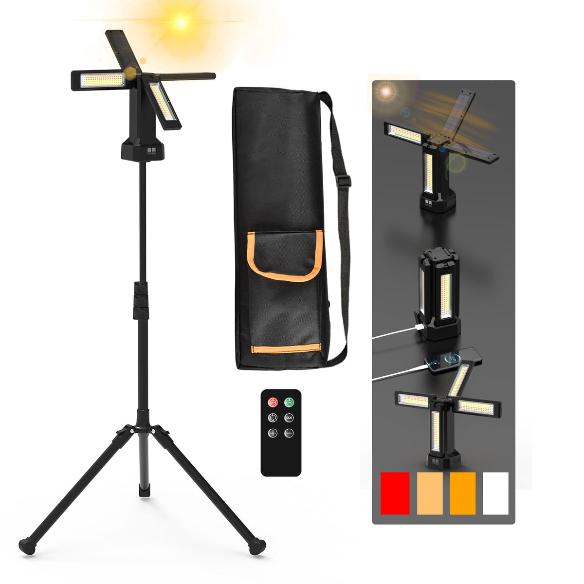 13200mAh Rechargeable Solar Work Light with Folding Stand and Carrying Bag, AODOO 8000 Lumen Cordless Camping Light, White/Warm/