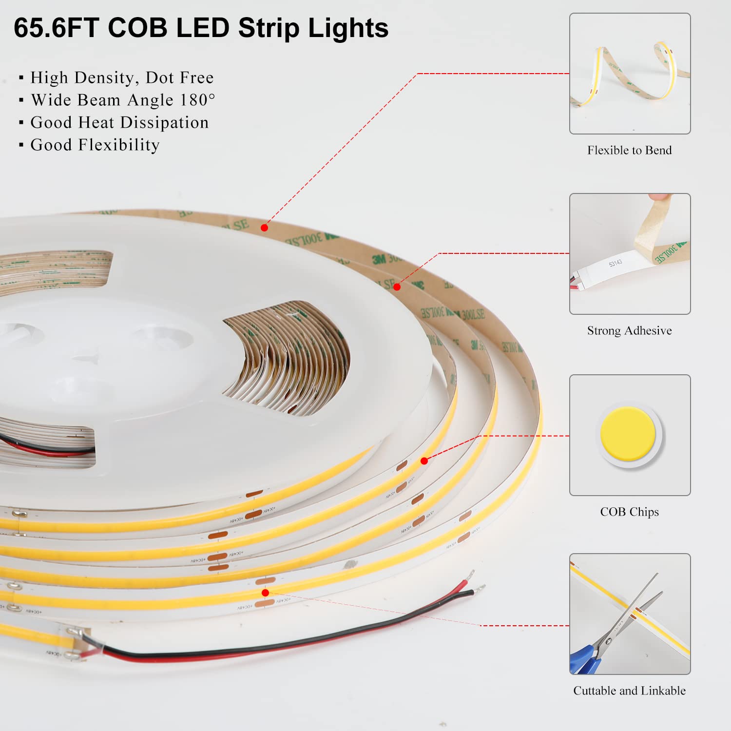 COB LED Strip Lights, 65.6ft/20m 3000K Led Lights Strip, 504LEDS/M DC48V LED Rope Lights, CRI90+ Flexible and 3M Tape Light for