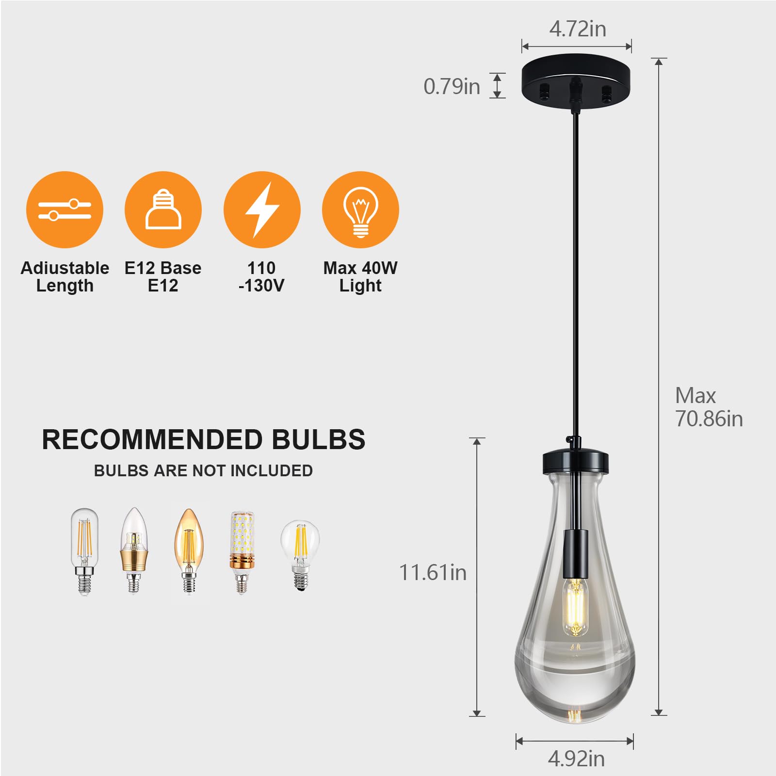 Liangmh Raindrop Pendant Lights Kitchen Island Teardrop Platingblack Hanging Light Fixtures Clear Solid Glass Pendant Light Mode