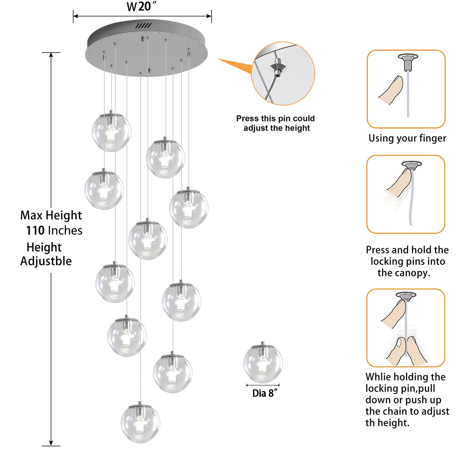 Ykolupty Silver Led Staircase Chandelier 10-Light Clear Glass Ball Chandelier Dimmable Pendant Lights Large Chandeliers For High