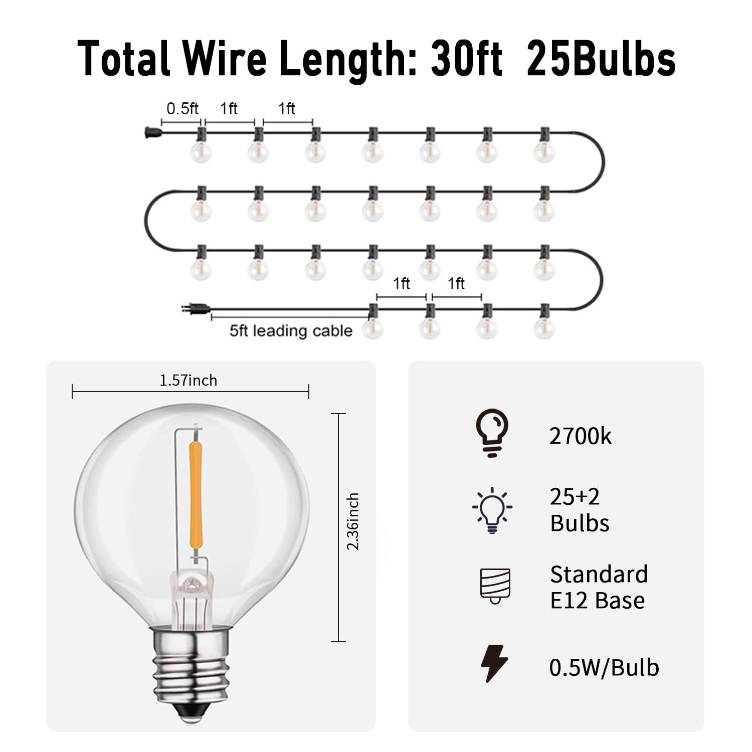 Histar 30Ft Led String Lights - Waterproof Black Globe Lights With 27 G40 Shatterproof Bulbs