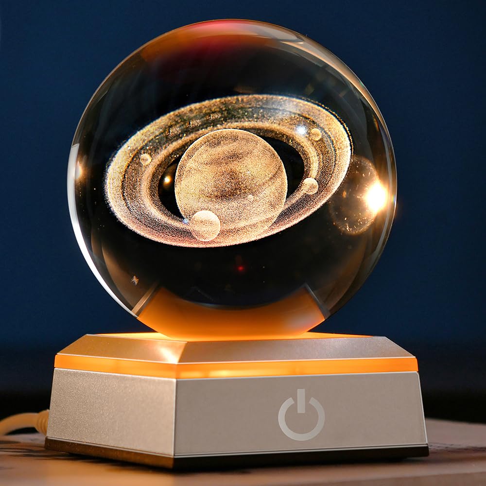 ZRENJHUS 3D Saturn Crystal Ball Saturn Night Light Planet Model with Laser Engraved Saturn and LED Light Base Luminous Snow Ball
