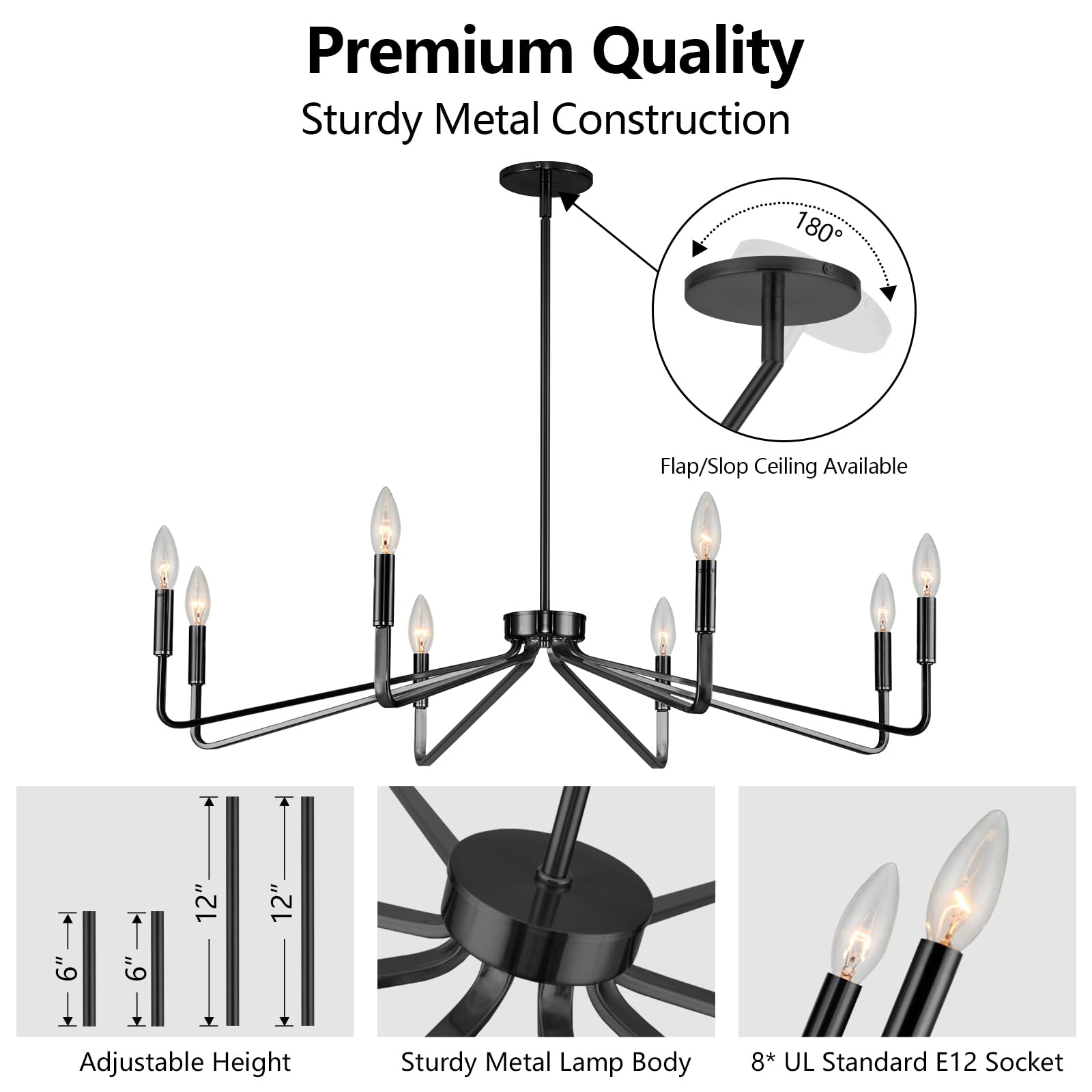 Acaner 38'' Black Chandeliers For Dining Room, 8-Light Modern Farmhouse Candle Style Chandelier, Industrial Hanging Ceiling Ligh