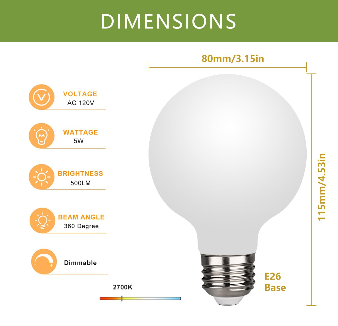 6 Pack G25(G80) Globe Led Light Bulbs, 5W Dimmable 40 Watt Equivalent Led Edison Bulbs, Warm White 2700K, 500Lm, E26 Base, Milky