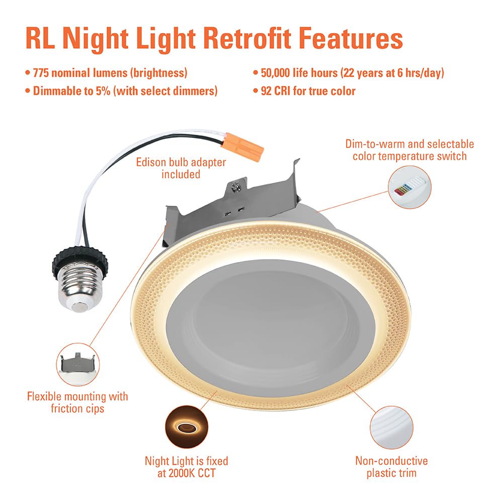HALO RL Night Light - 4" Recessed LED Trim, 700 Lumens, Selectable CCT 2700K-5000K, White, Model RLNL4079F