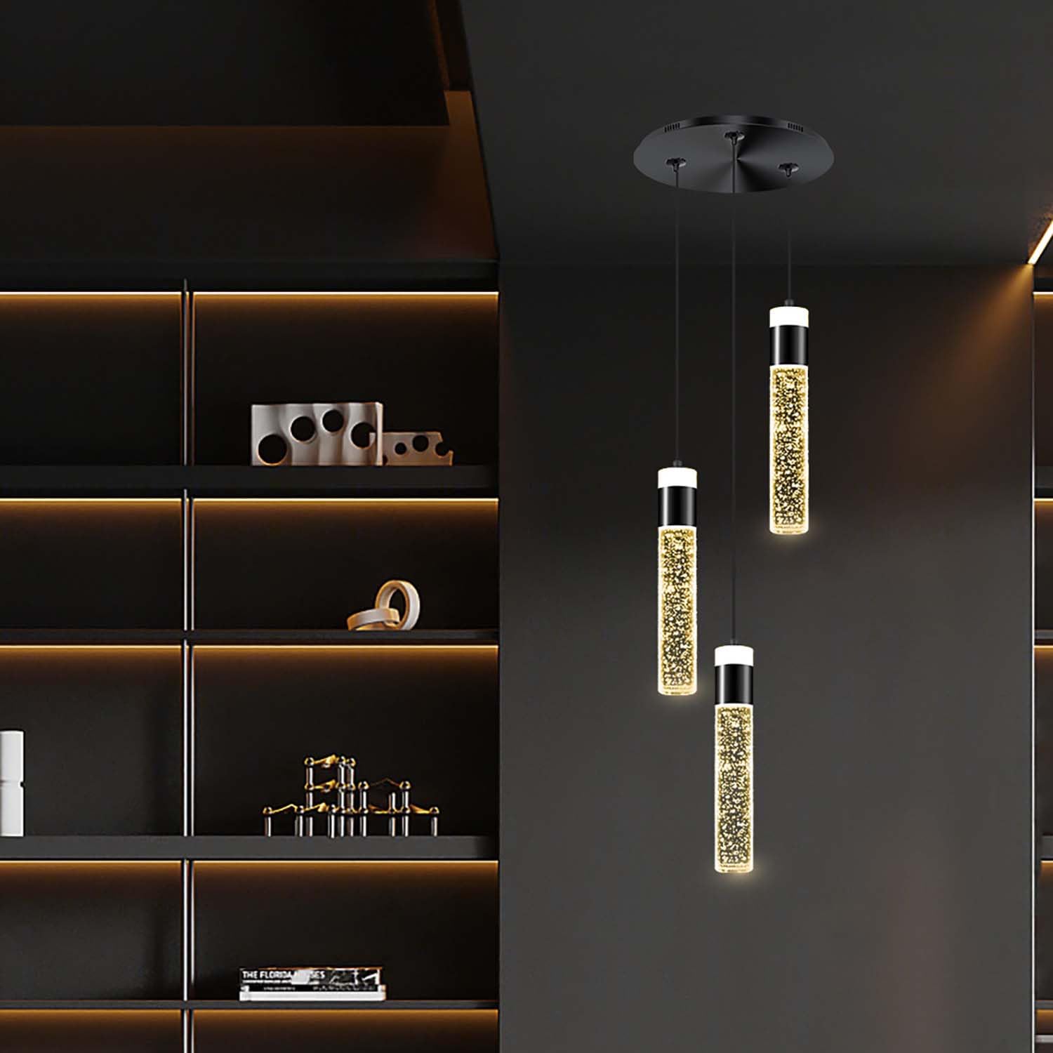 Dimmable 3-Light Pendant Lights Kitchen Island Crystal Hanging Light Modern Black Ceiling Light For Dinning Room Living Room