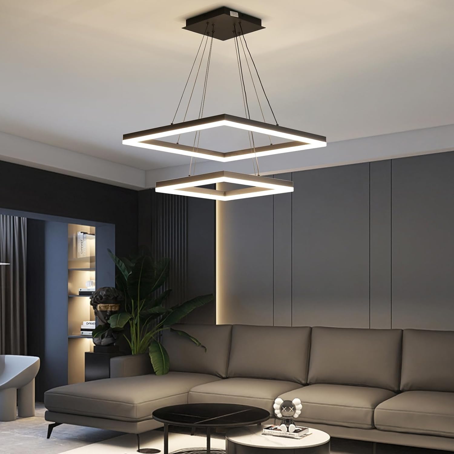 Matven Modern Ceiling Chandelier, Dimmable 3 Color Modes, 15.7+23.6in Black Acrylic Pendant Light Fixture for Kitchen