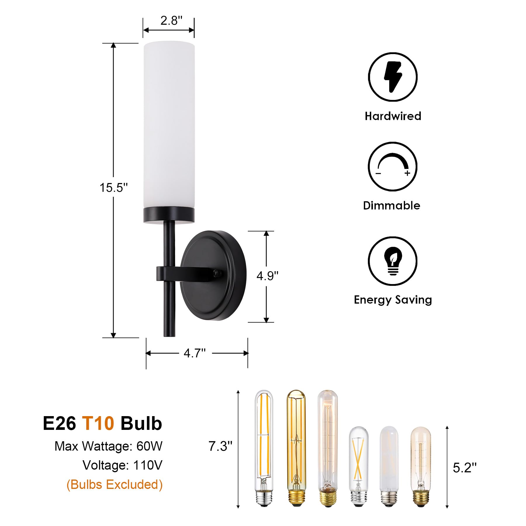 SANTOSTOCK Black Wall Sconces Set of 2, Modern Metal Lighting with Opal Glass Shade, Hardwired for Living Room, Bedroom, Hallway
