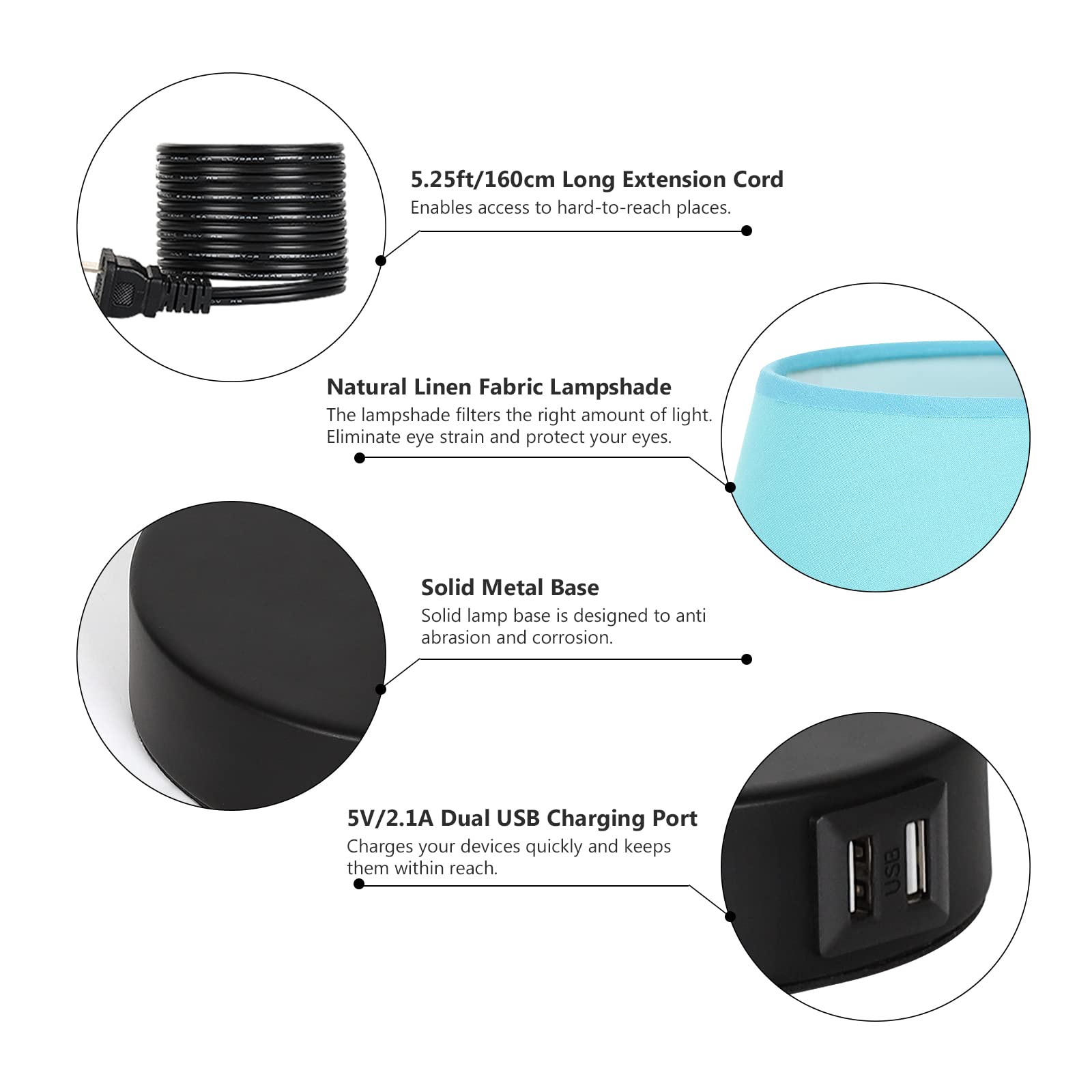 Js Nova Juns Set Of 2 Table Lamps With Usb Ports, Bedside Nightstand Lamps With Blue Fabric Shade For Bedroom Living Room Study