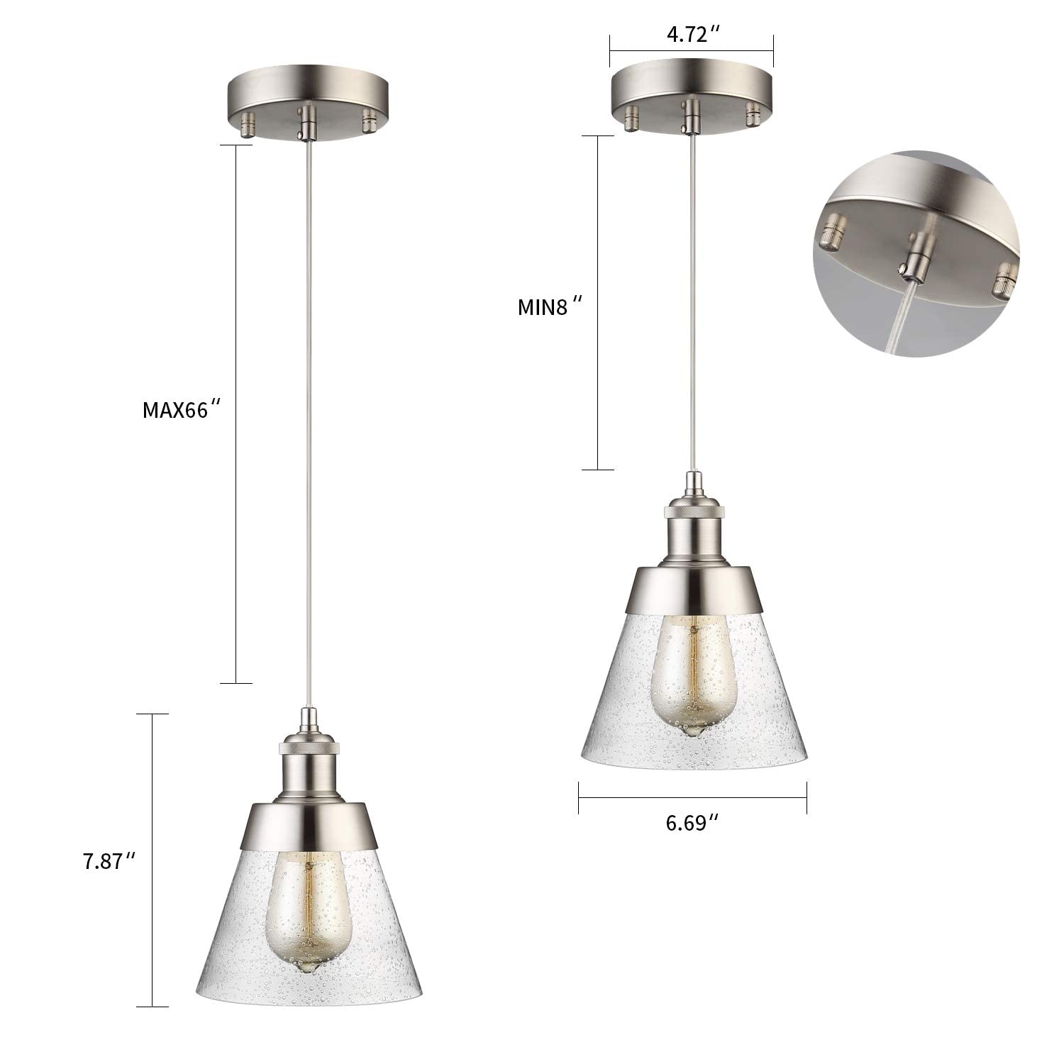 Fivess Lighting Modern Glass Pendant Light, One-Light Adjustable, Handblown Clear Seeded Glass Shade, Brushed Nickel, 1 Light