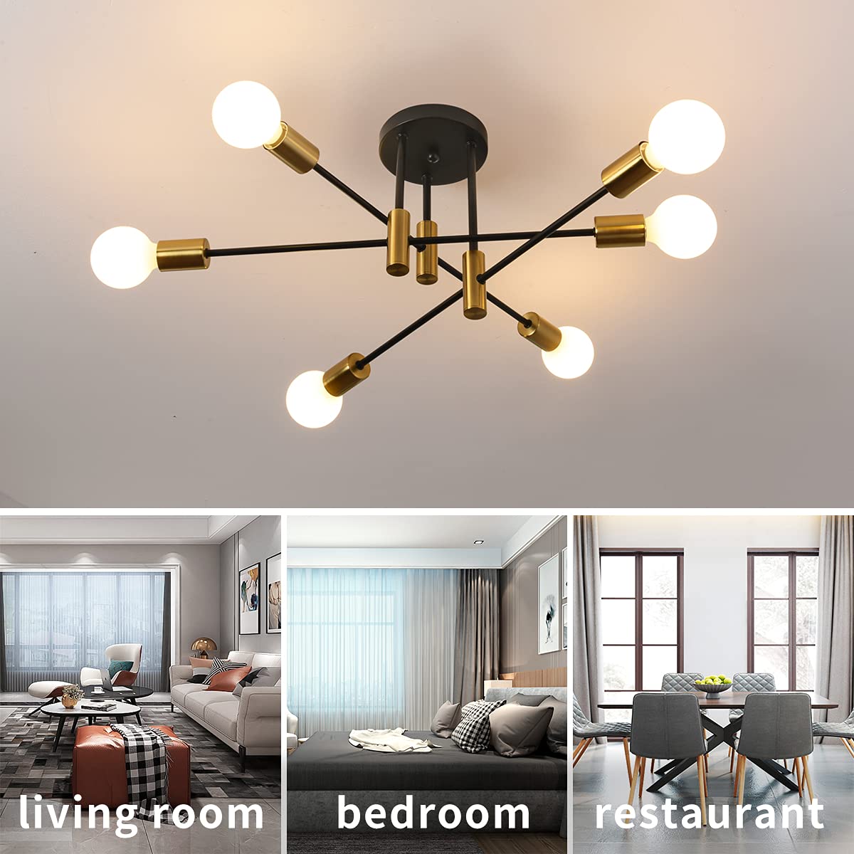 Garwarm Ceiling Light Fixture, 6-Lights Black And Gold Mid Century Semi Flush Mount Ceiling Light,Modern Sputnik Chandelier For